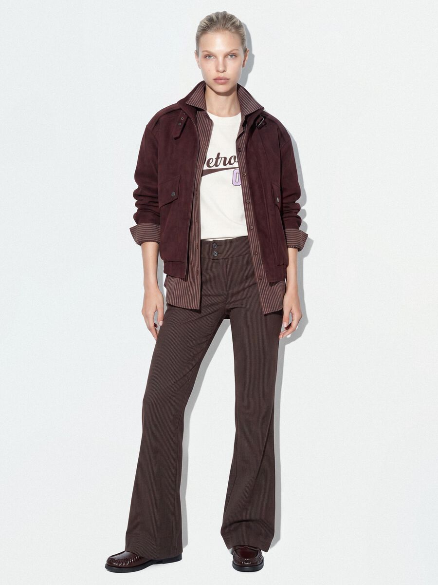 Brown flared trousers in stretch viscose with pinstripe pattern_0