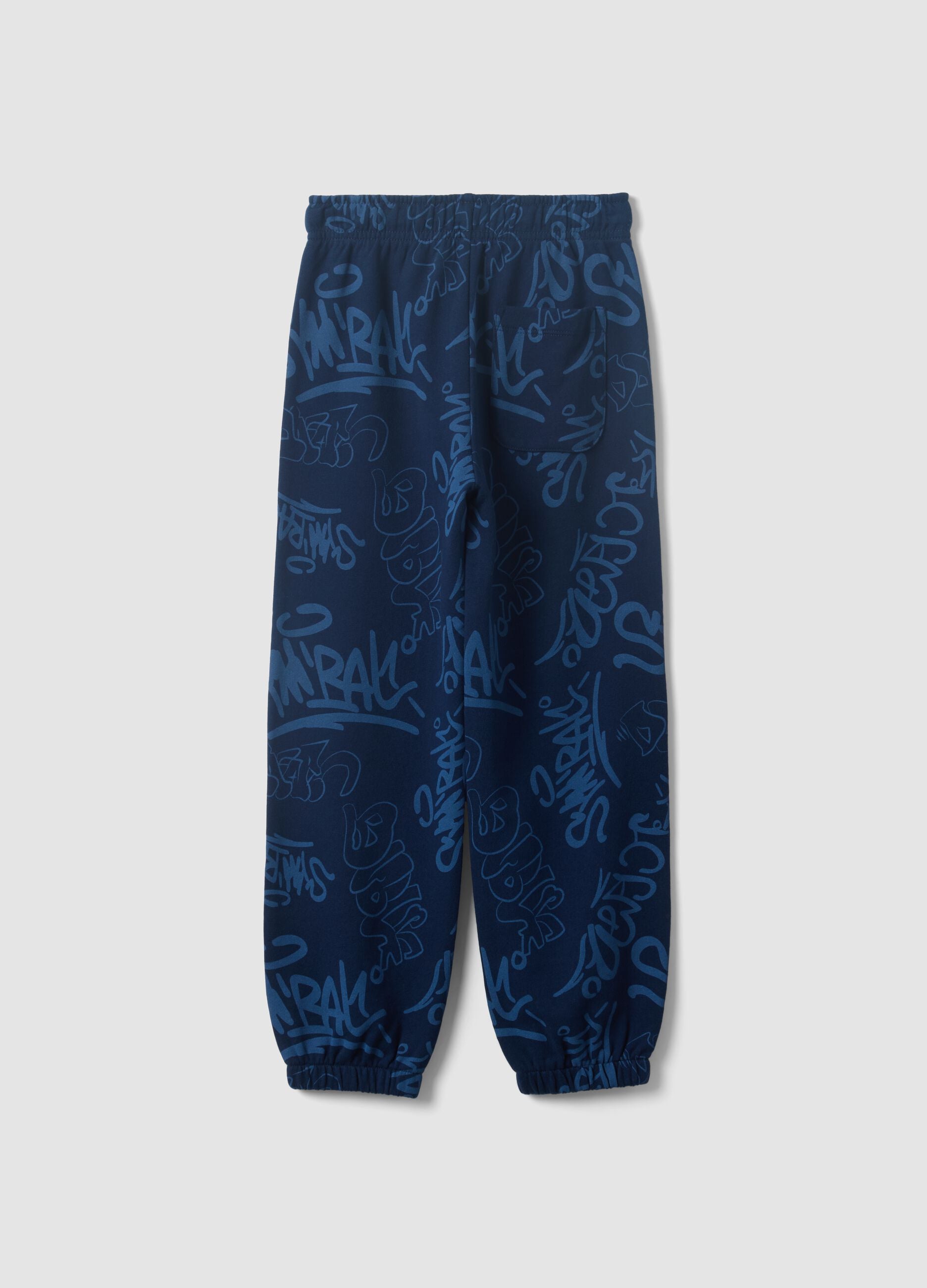 Blue oversized pure cotton all-over print jogger trousers for boys