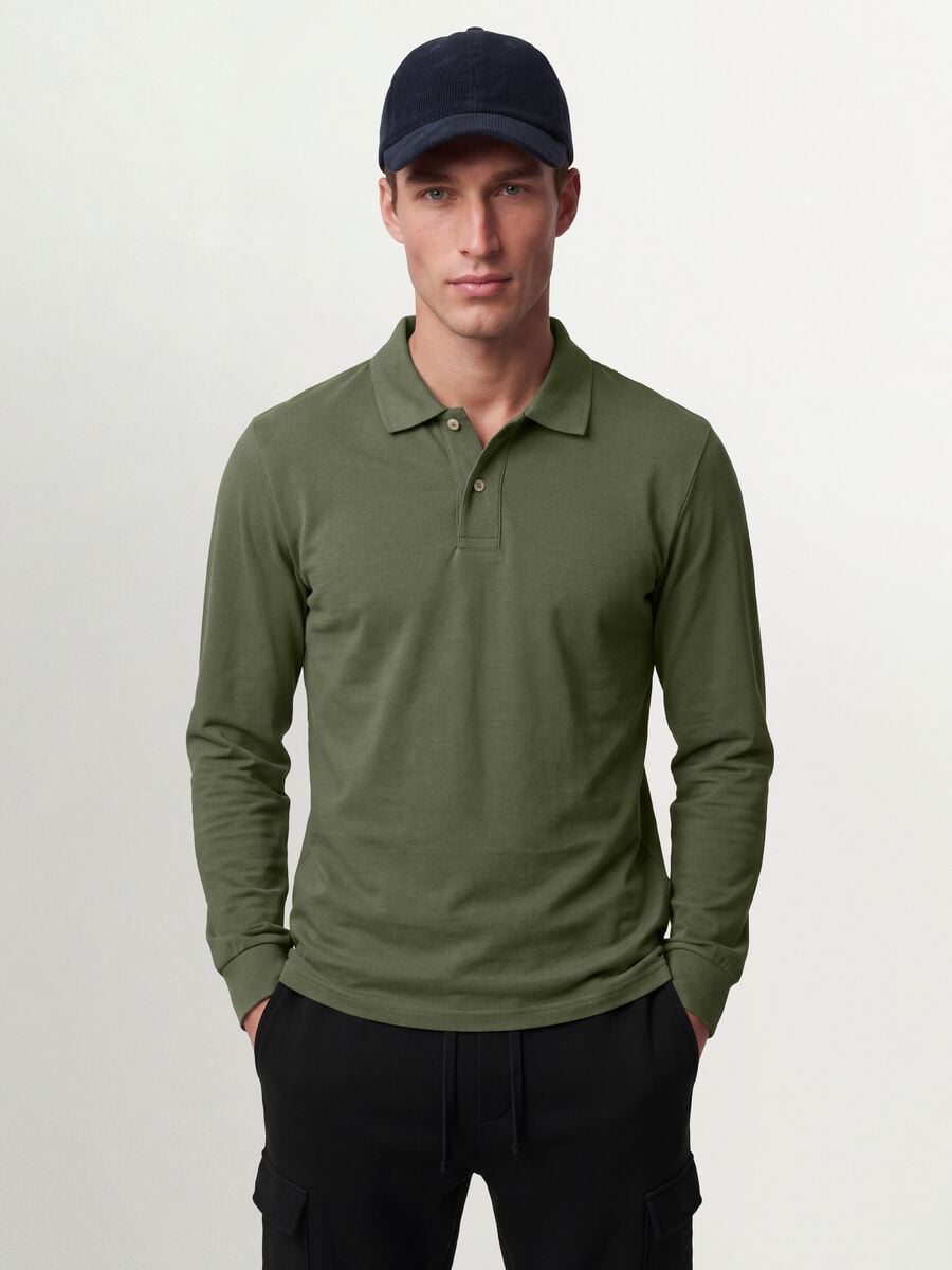 Green long-sleeve organic cotton piqu&eacute; polo shirt, regular fit_1