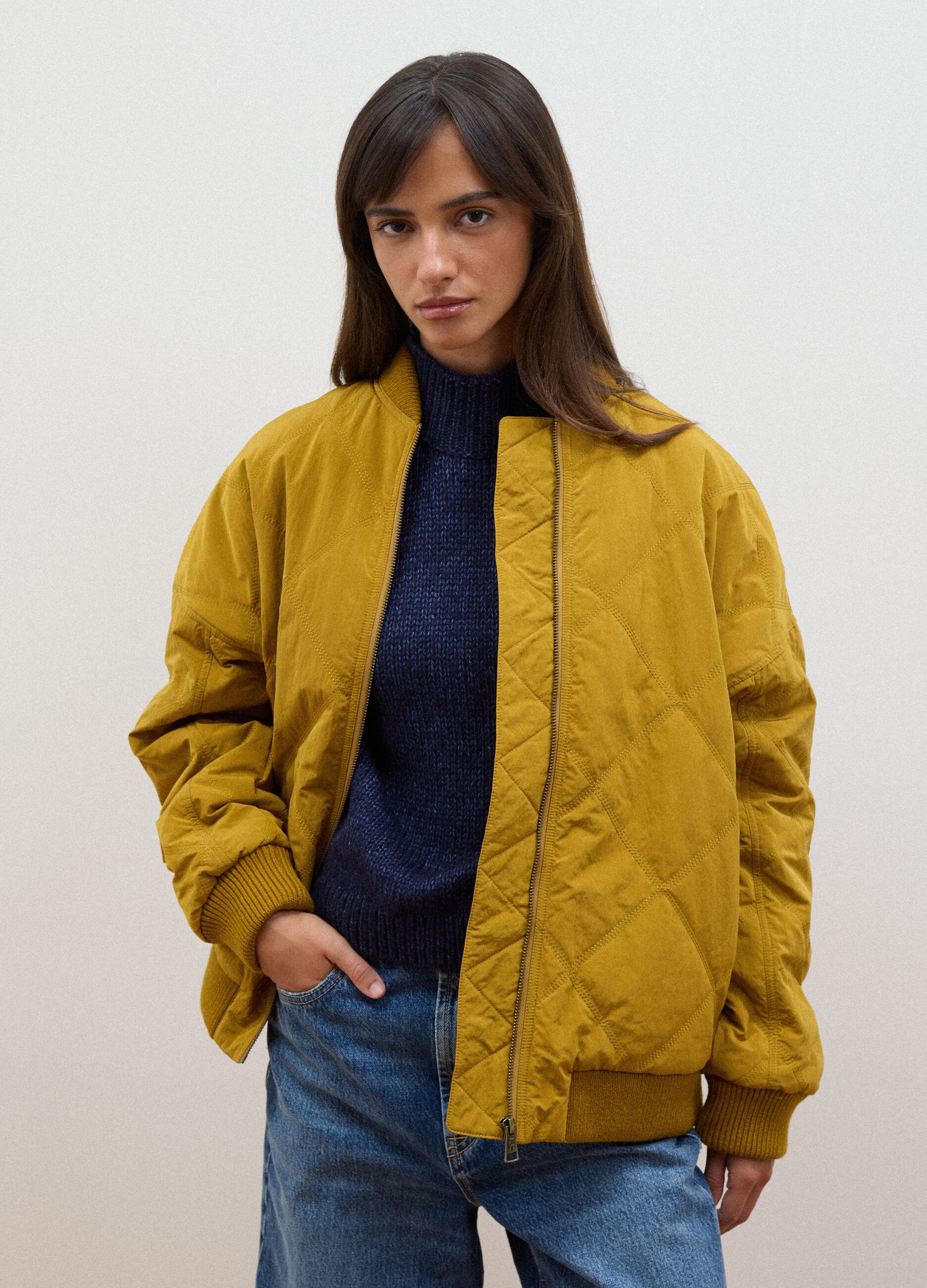 Yellow quilted zip-up bomber jacket, regular fit