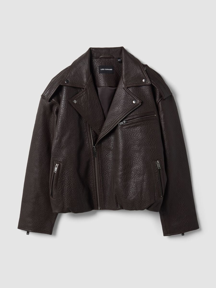 Brown oversized genuine leather biker jacket_4