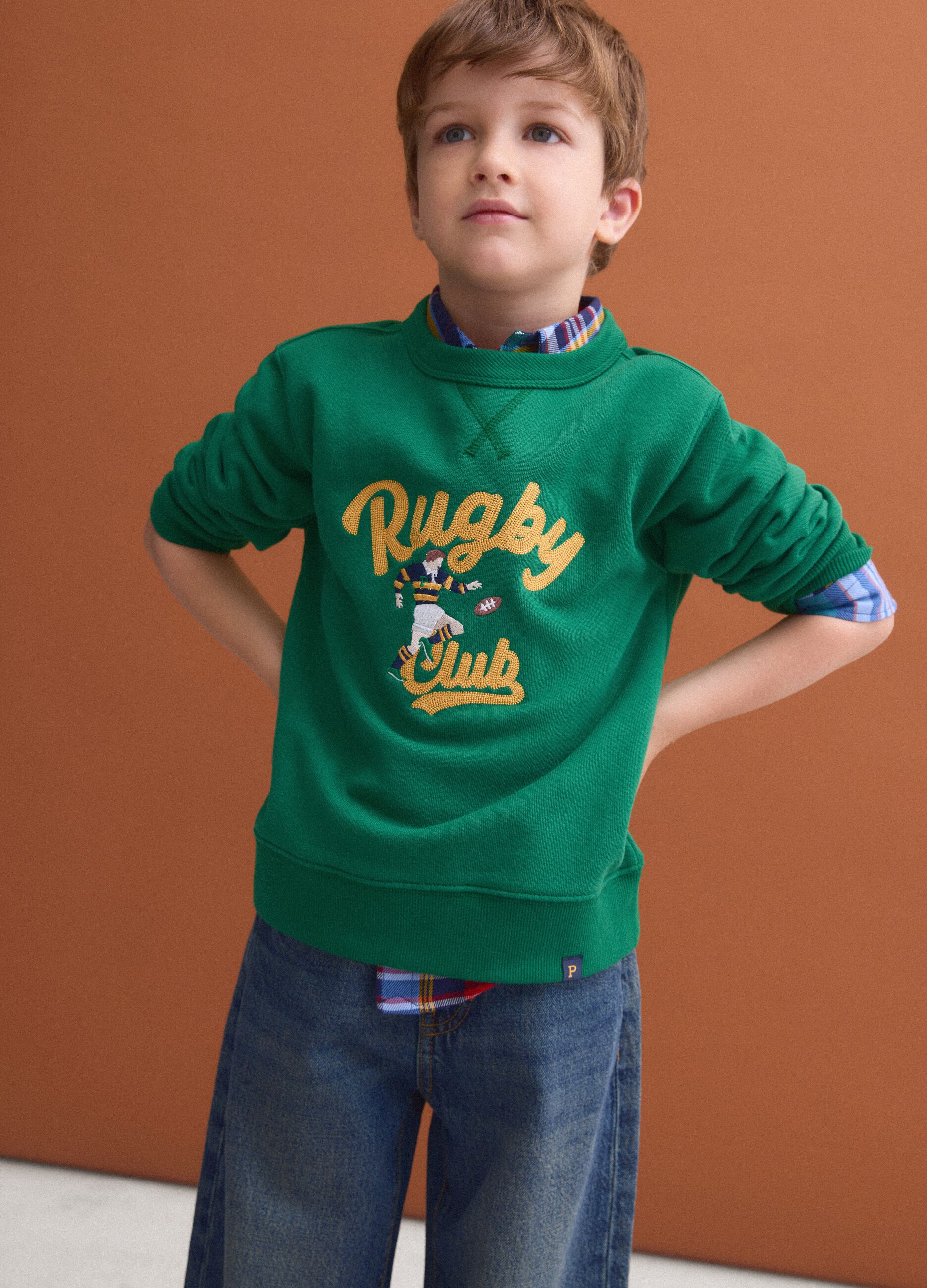 Oversized green sweatshirt in pure organic cotton with college print