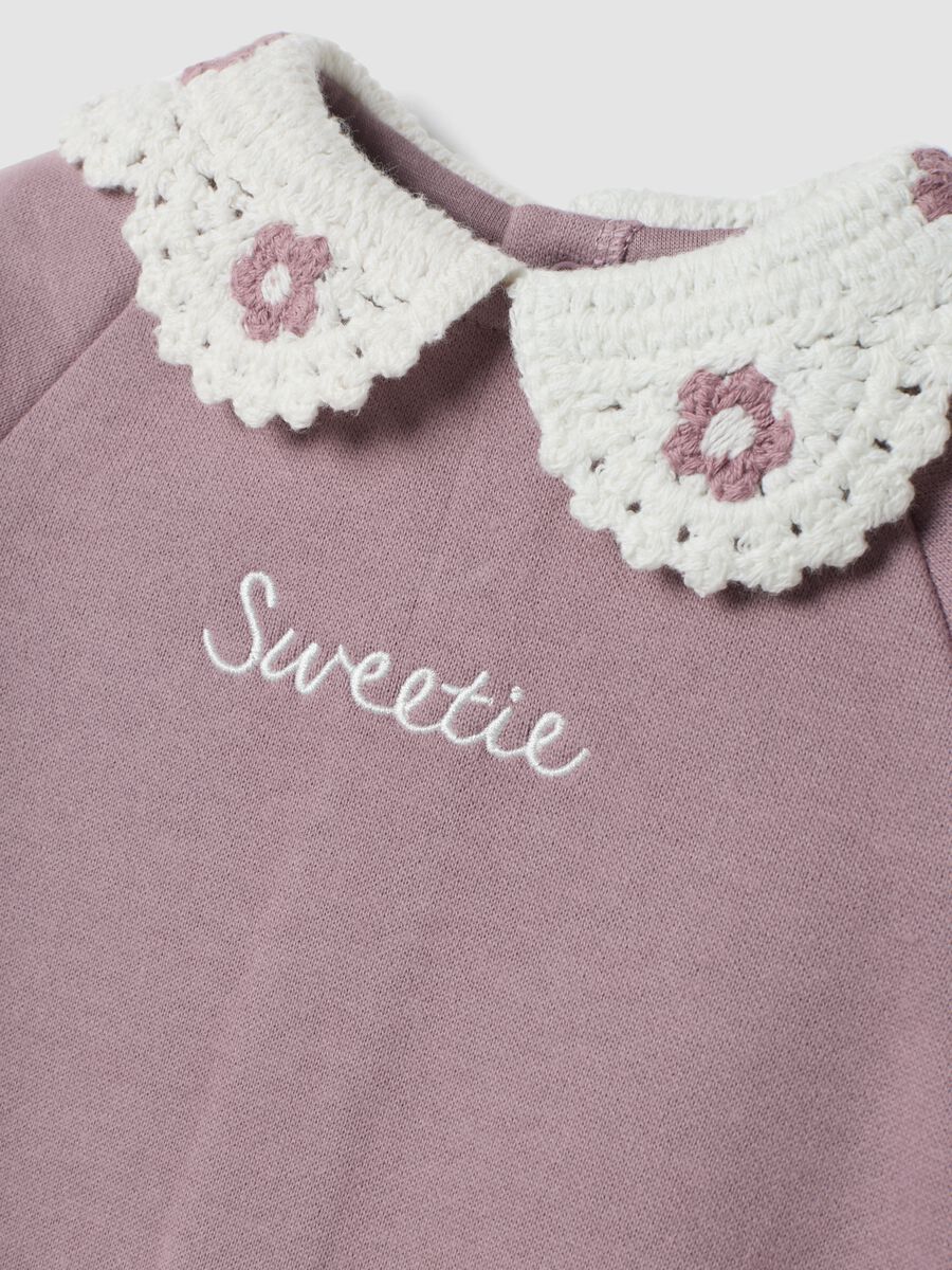 Purple organic cotton baby sleepsuit with crochet collar_2