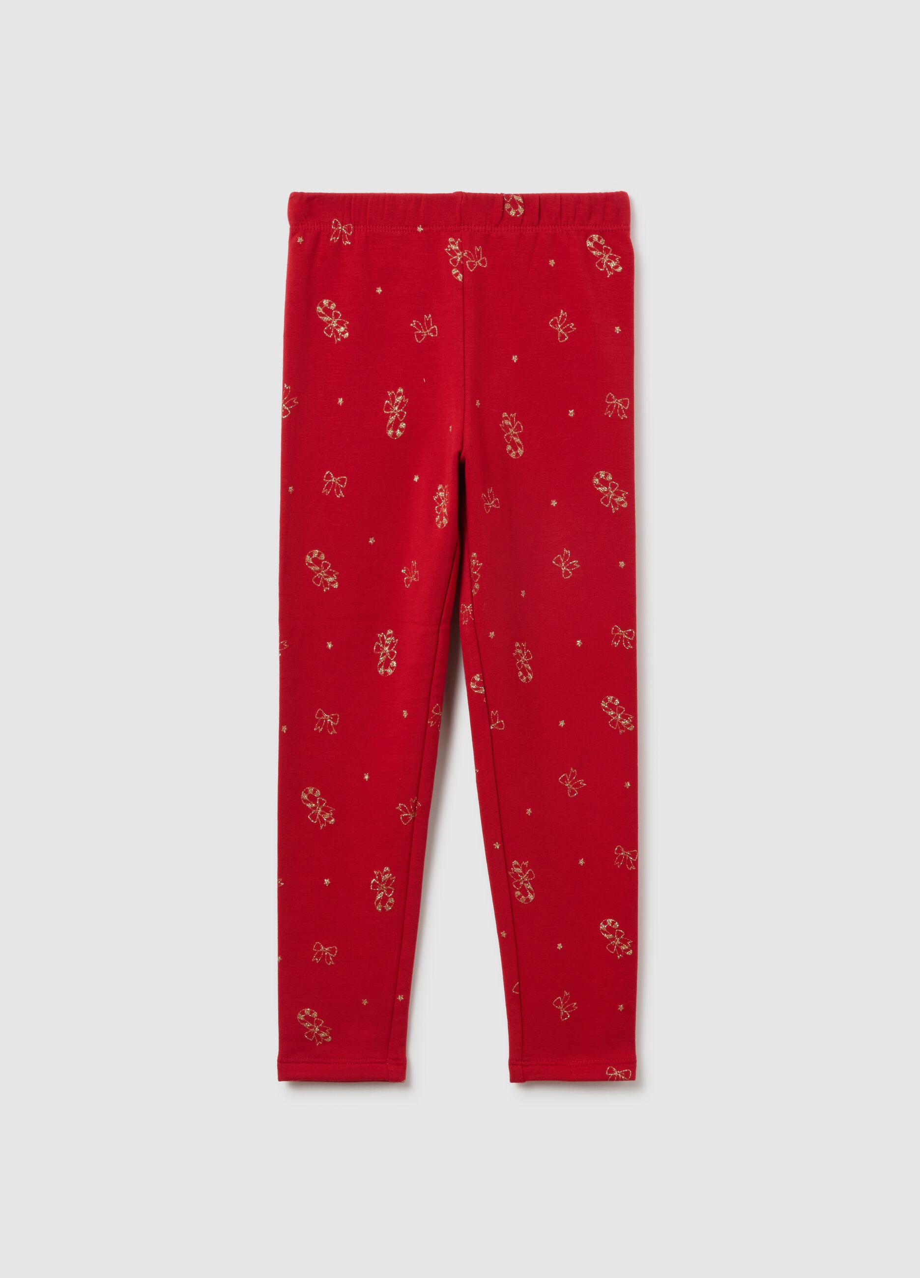 Girls' red skinny cotton leggings with prints