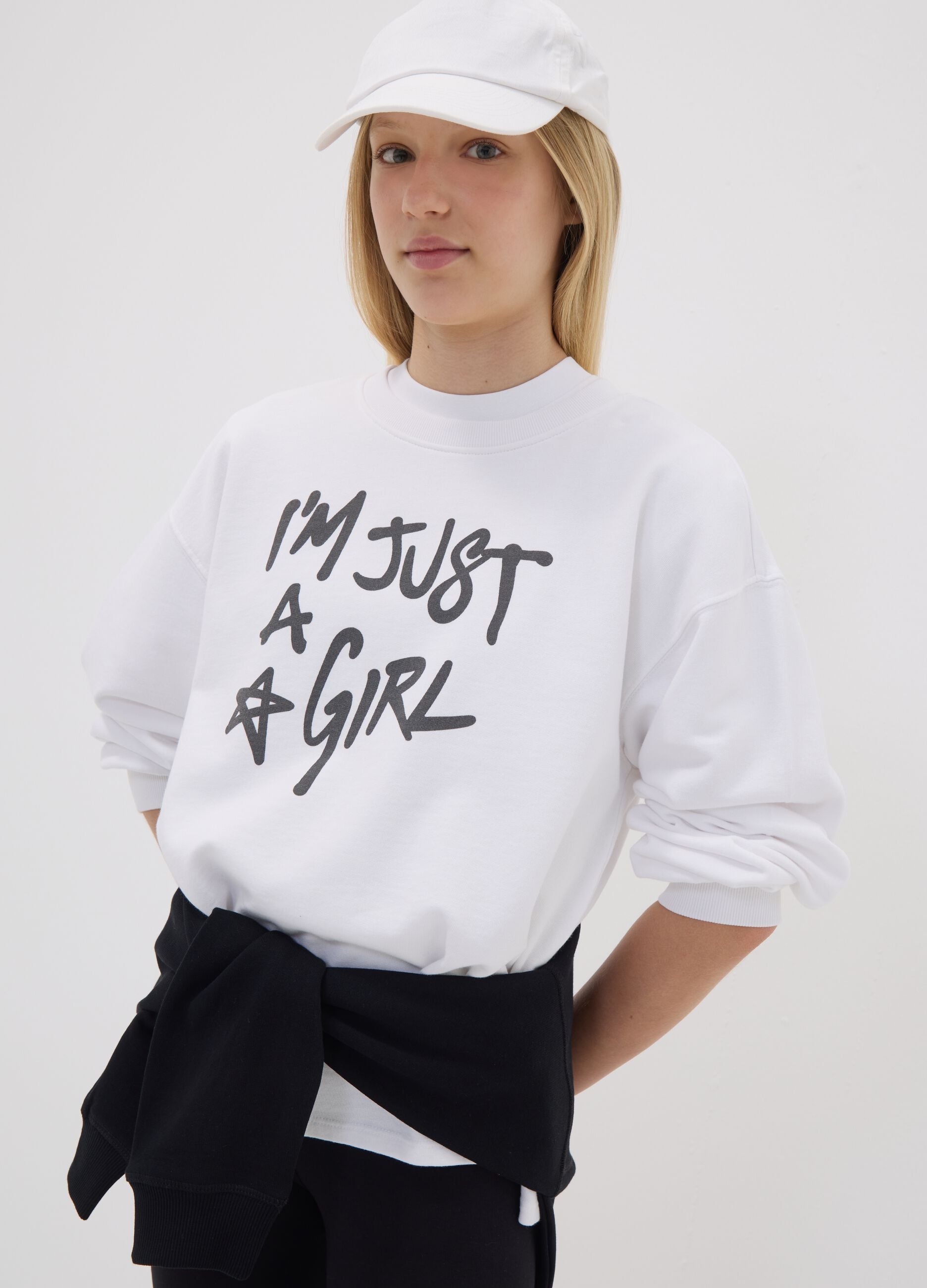 White pure cotton sweatshirt with front slogan, relaxed fit for girls
