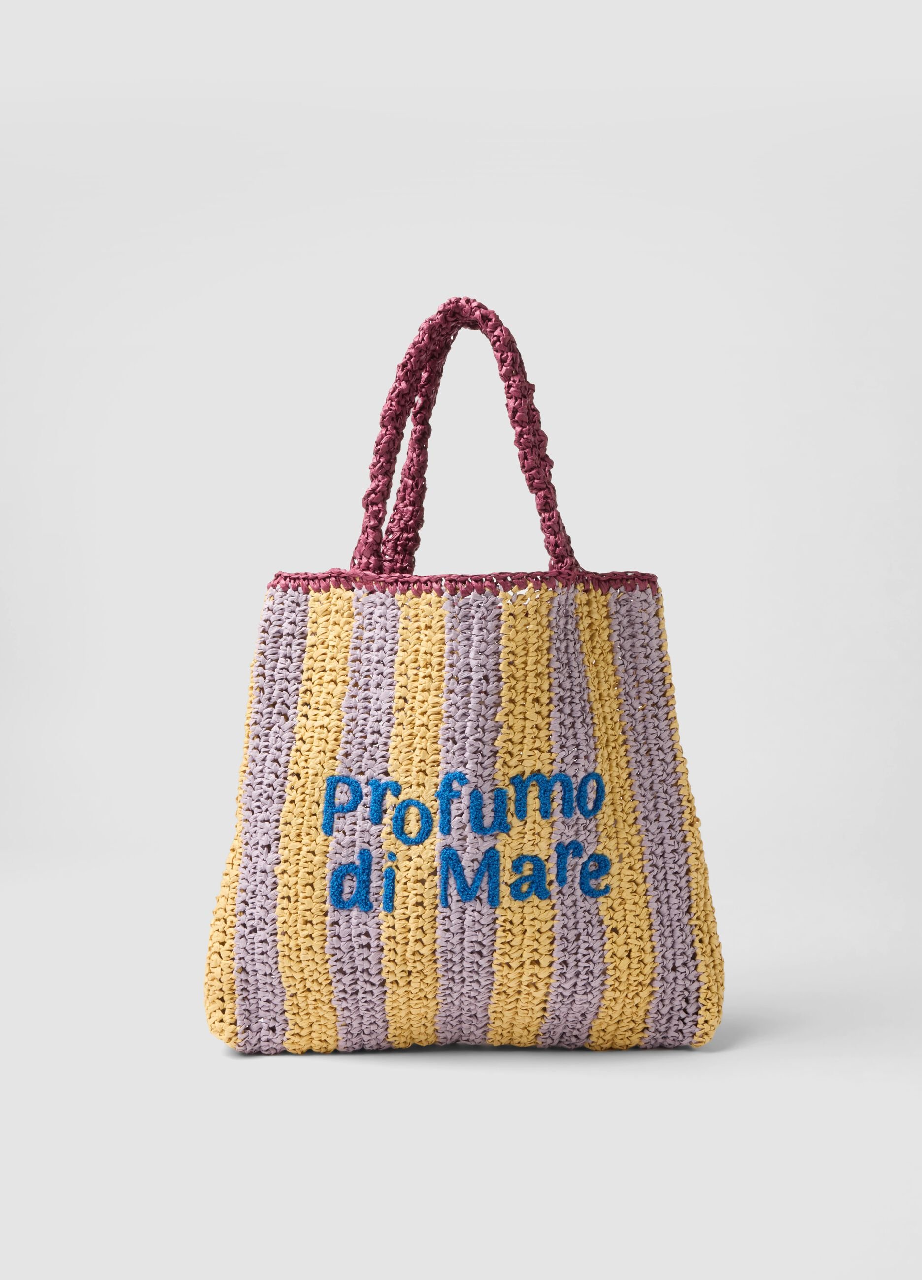 Mehrfarbig gestreifte Strandtasche aus reinem Papierstoff mit Schriftzug