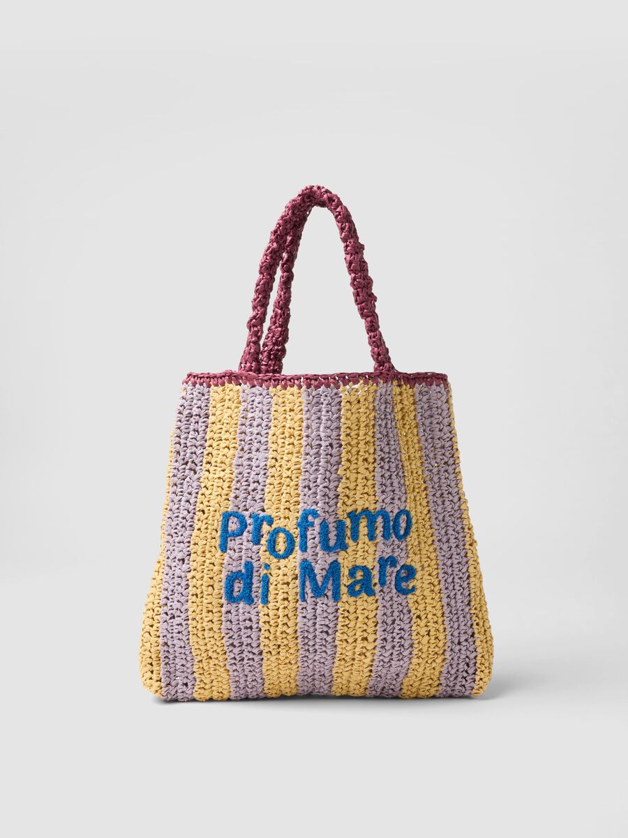 Mehrfarbig gestreifte Strandtasche aus reinem Papierstoff mit Schriftzug_0