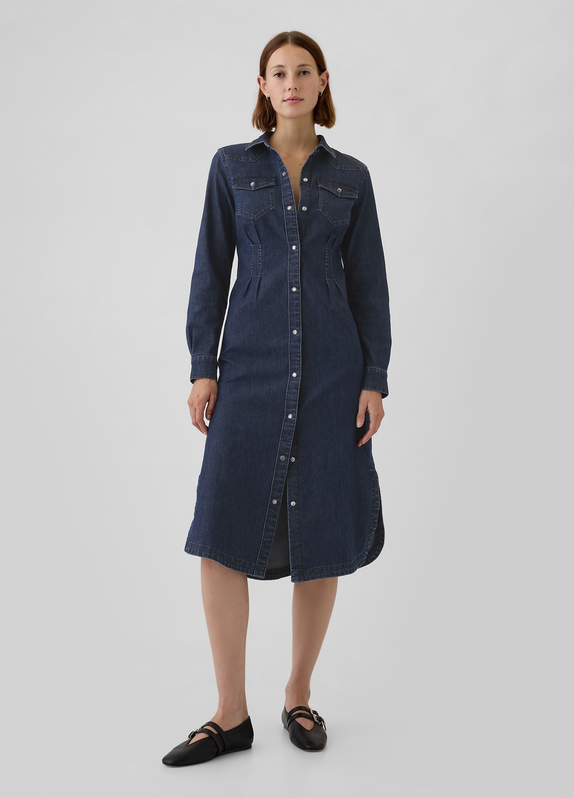 Denim shirt dress with pleats
