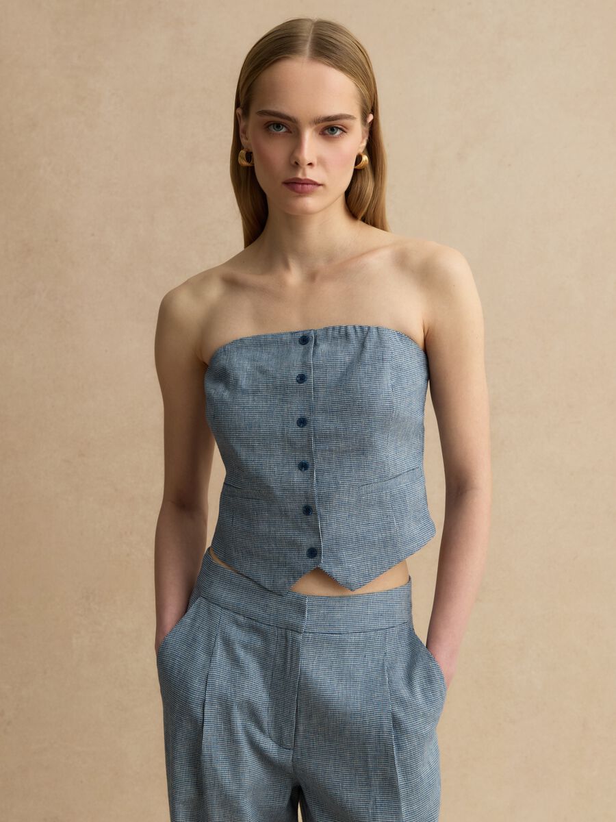 Slim-Fit Korsett aus Leinenmix mit weiss-blauem Karomuster_0