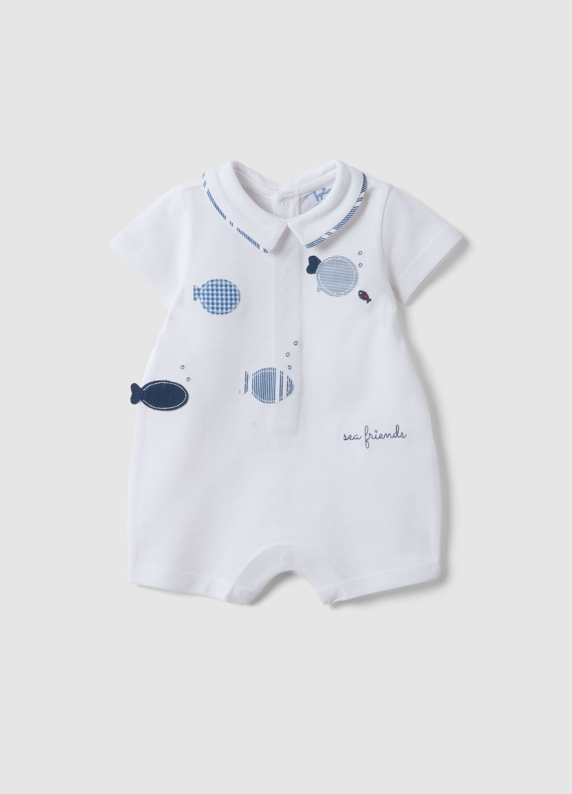 Babygrow branco em algod&atilde;o puro com bordados de peixes
