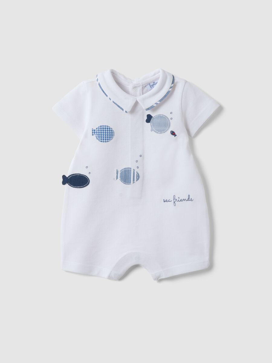 White pure cotton baby romper with fish embroidery_0