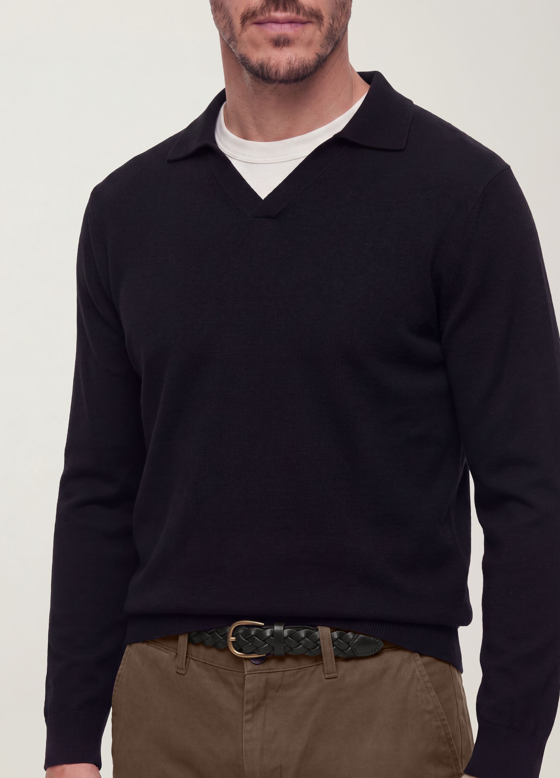 Black viscose-blend polo shirt with V-neck and regular fit collar