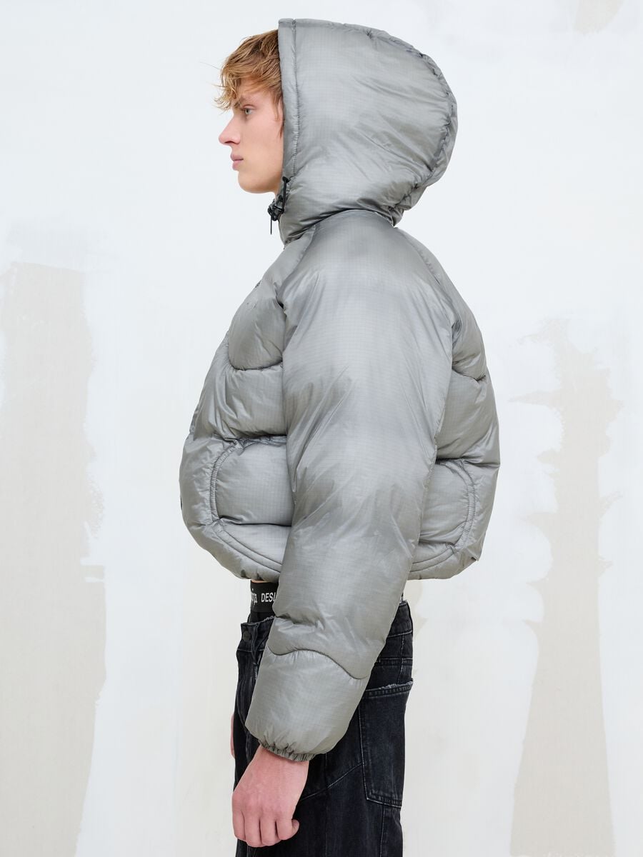 Nylon Ripstop Hooded Puffer Jacket in Grey_1