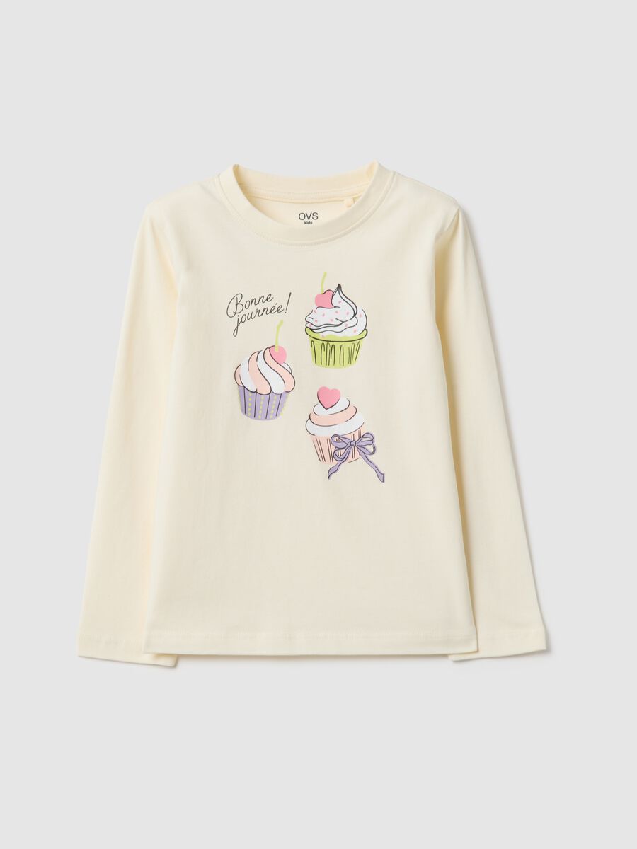Beige pure cotton T-shirt regular fit with print for girls_0