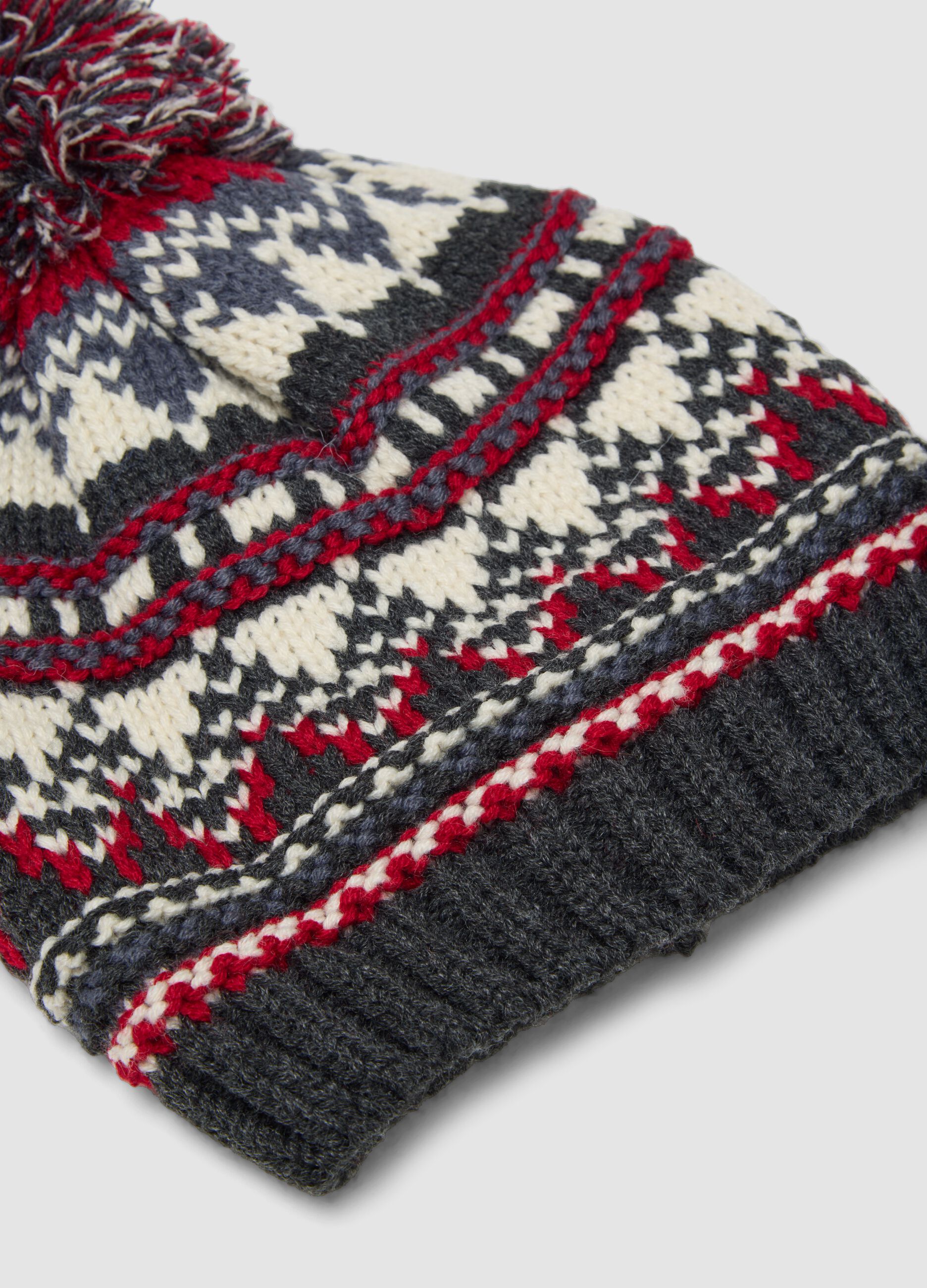 Jacquard beanie with pom-pom