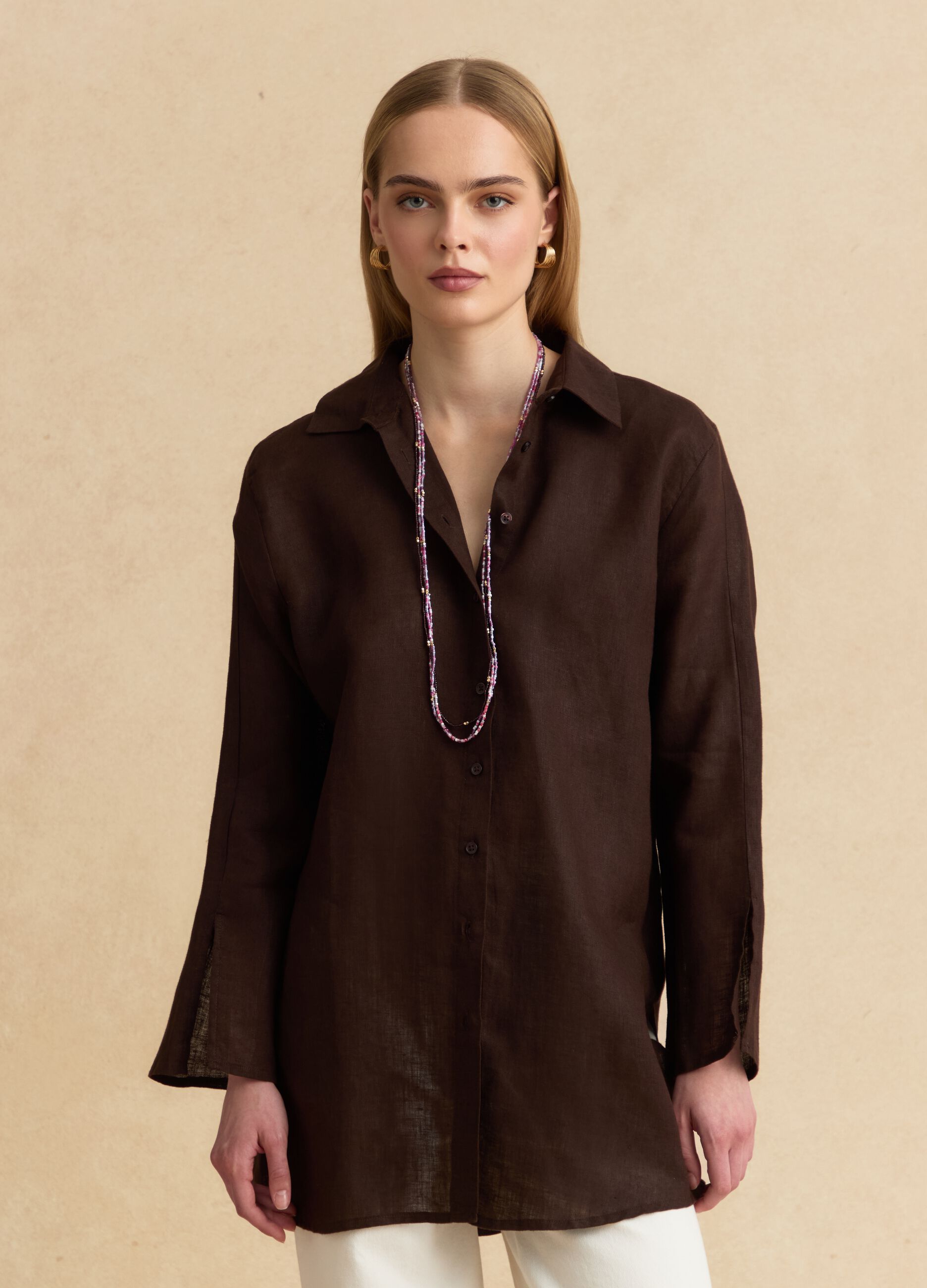 Brown pure linen oversized shirt
