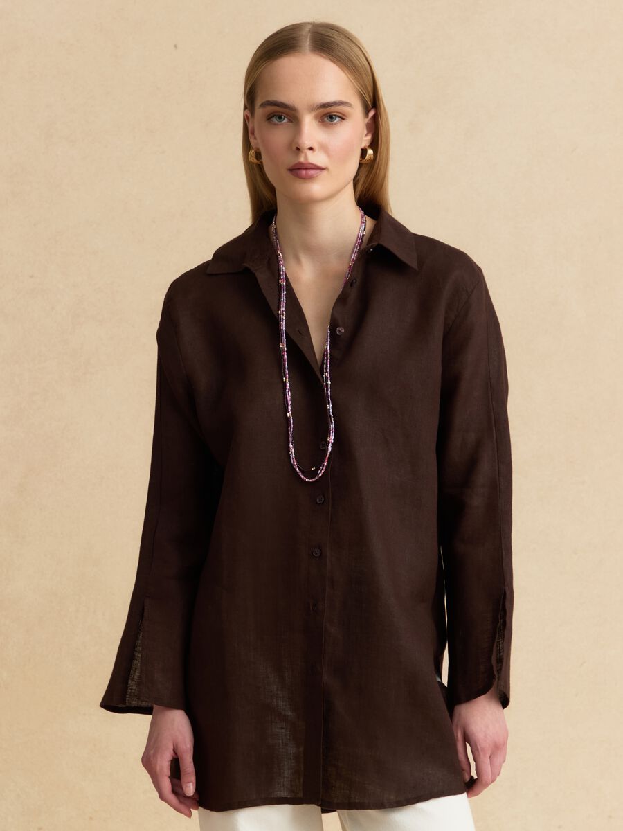 Brown pure linen oversized shirt_0