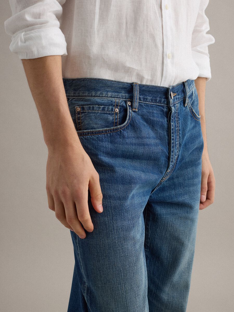 Blue Regular Fit Cotton Denim and Linen Blend Jeans_4