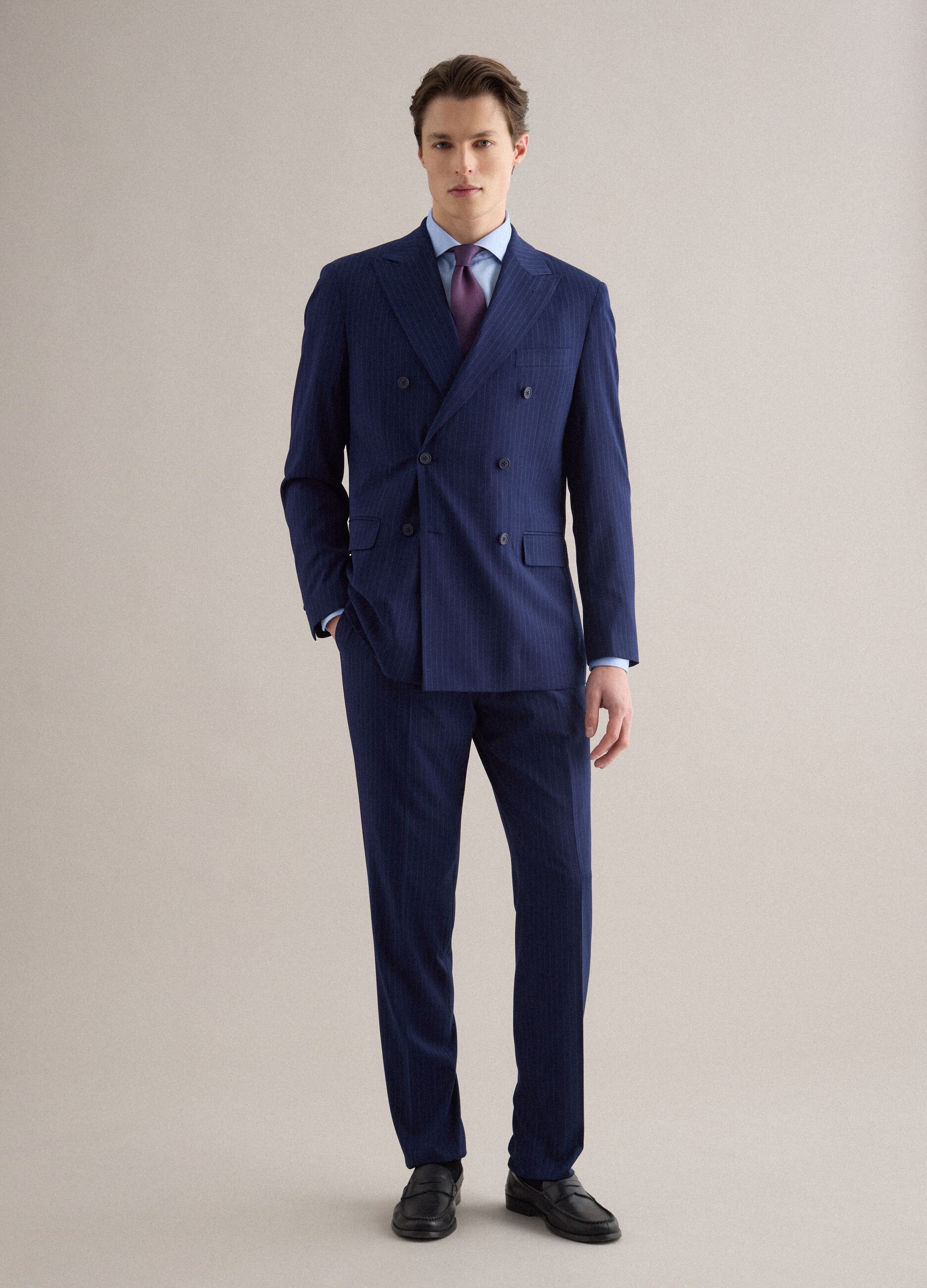 Navy double-breasted striped blazer with tailored fit