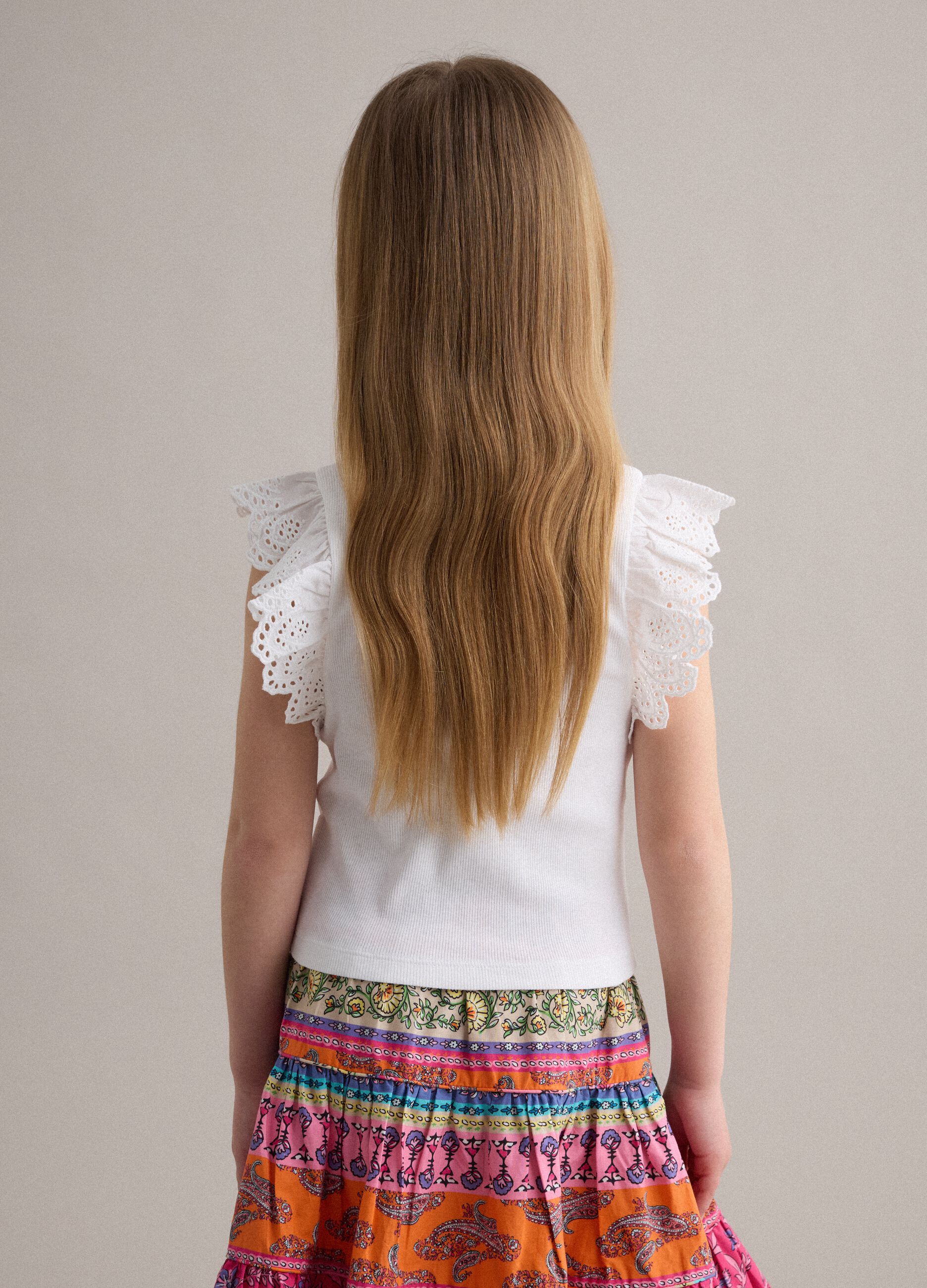 White stretch cotton girls&rsquo; vest top with ruffles
