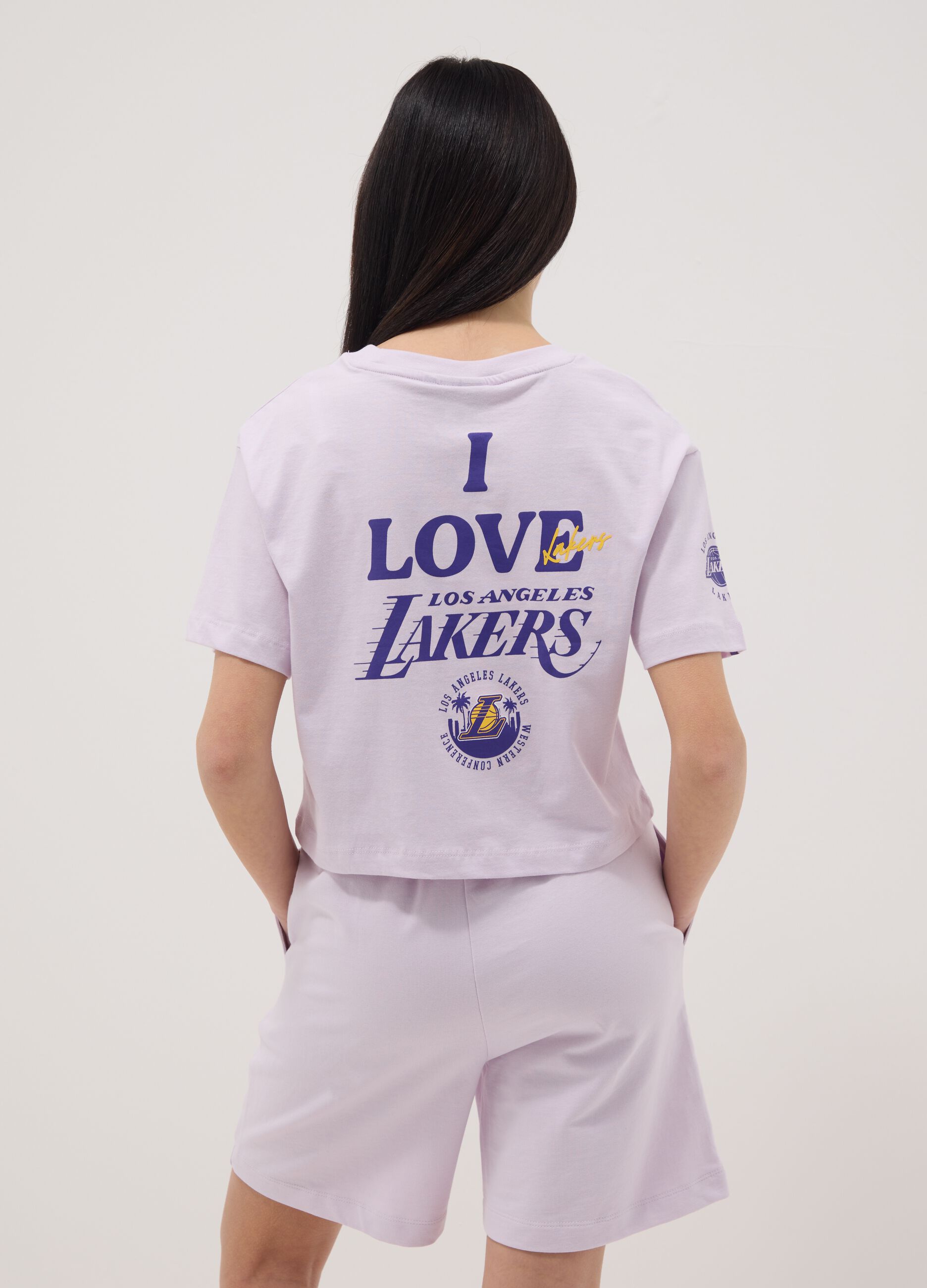 Girls' relaxed fit purple pure cotton T-shirt with Lakers prints