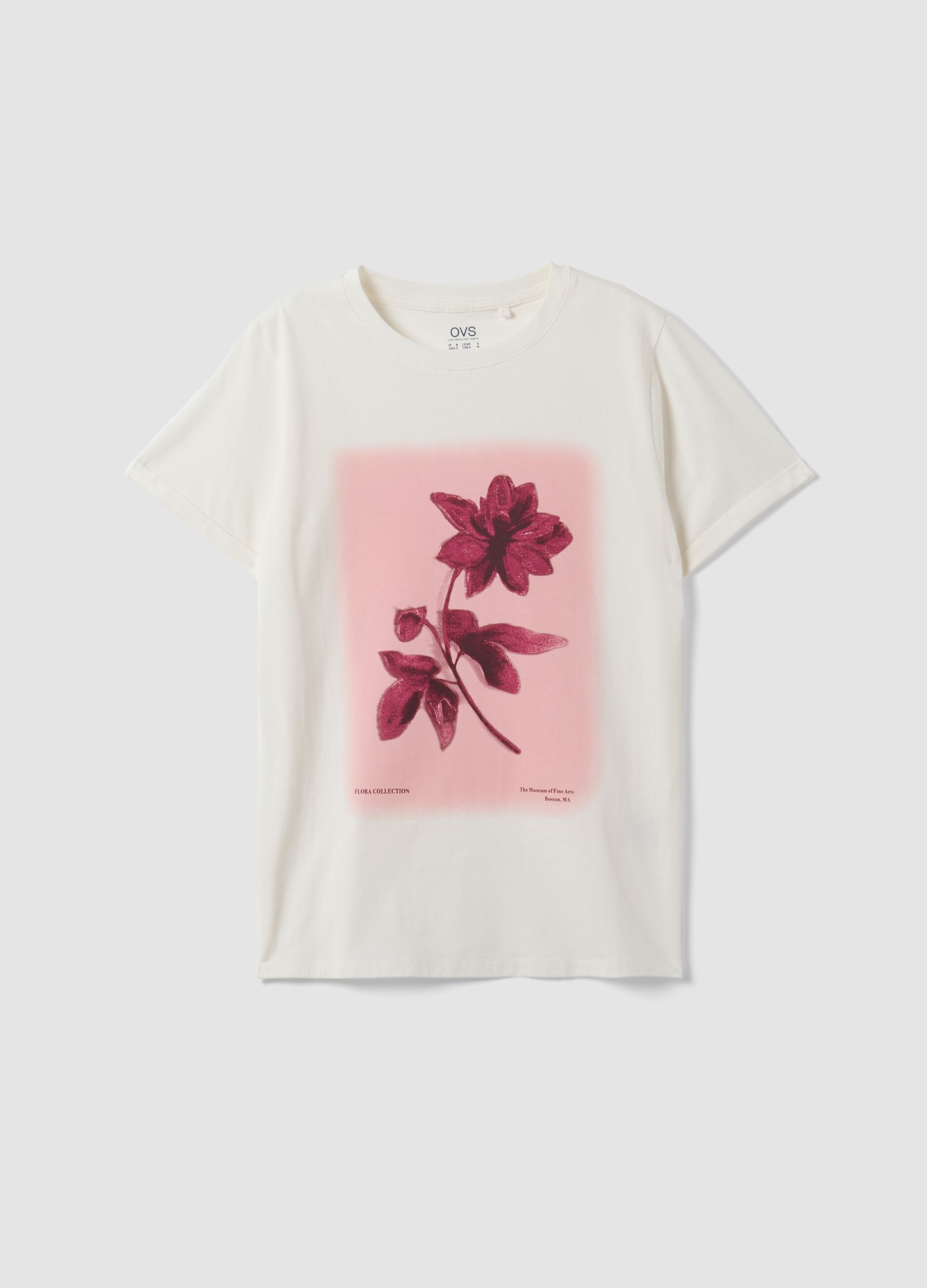 T-shirt bianca in puro cotone con girocollo e stampa floreale regular fit