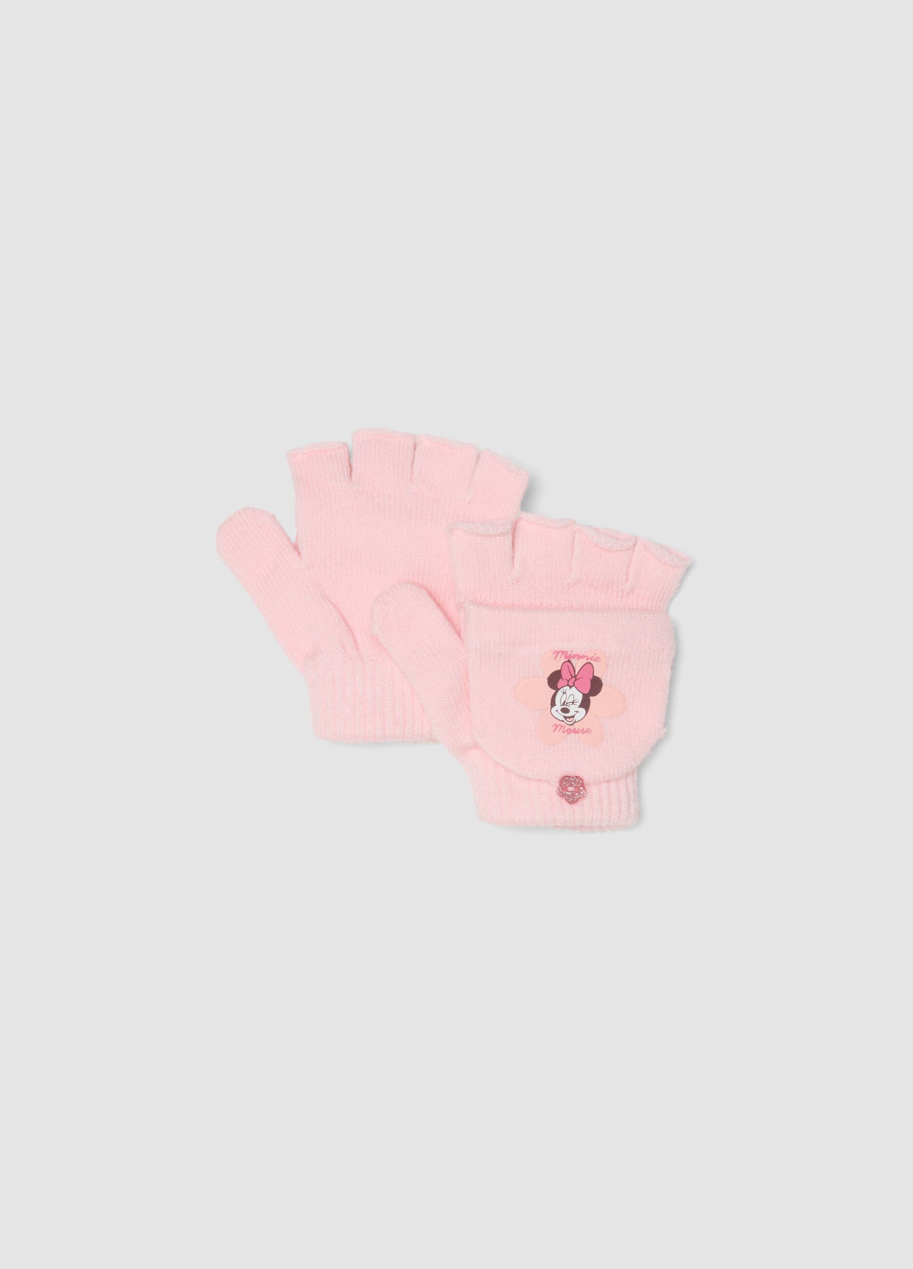 Luvas cor-de-rosa em mistura de viscose com aba convers&iacute;vel e motivo Minnie