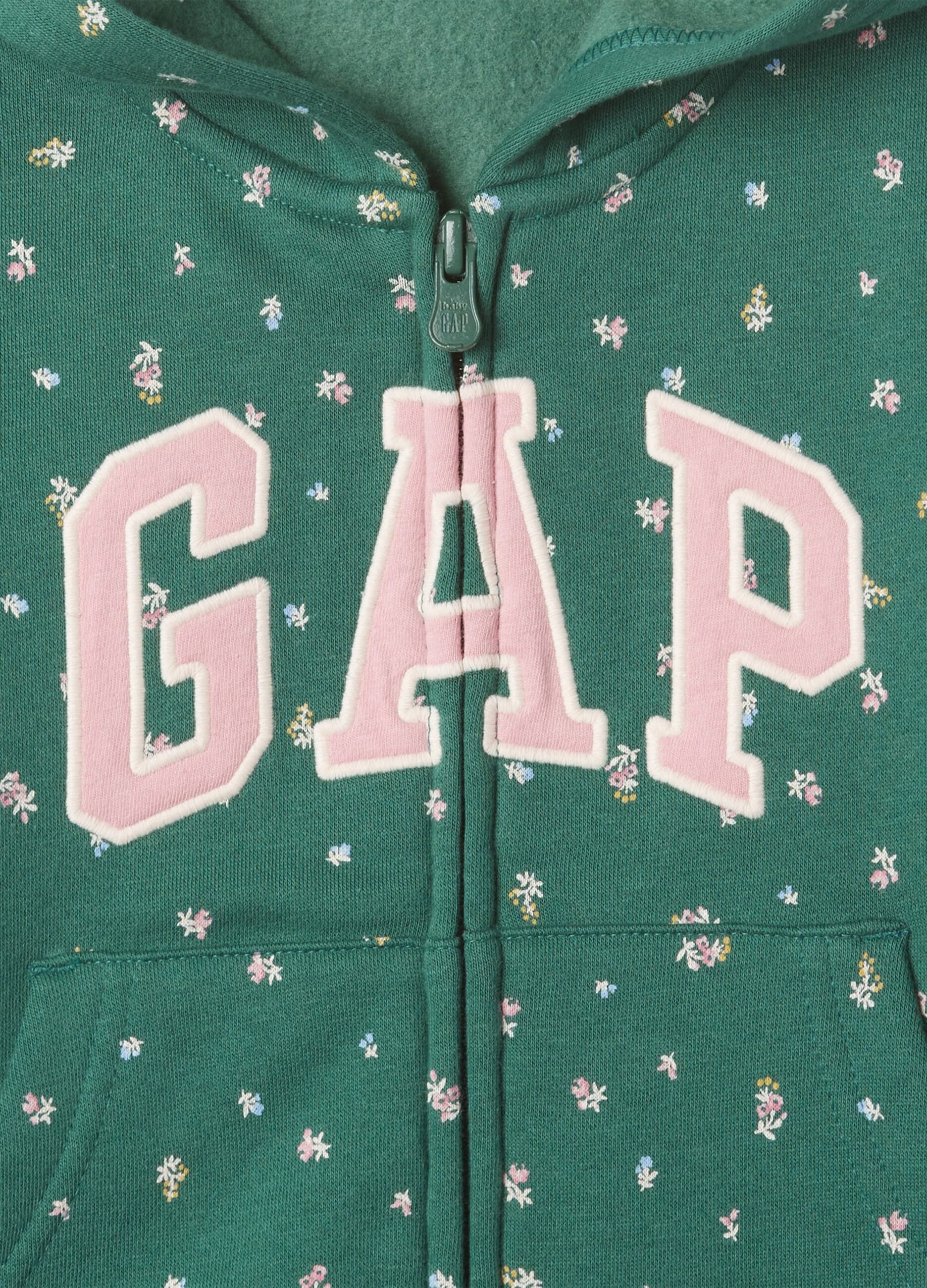 Full-zip floral hoodie with embroidered logo