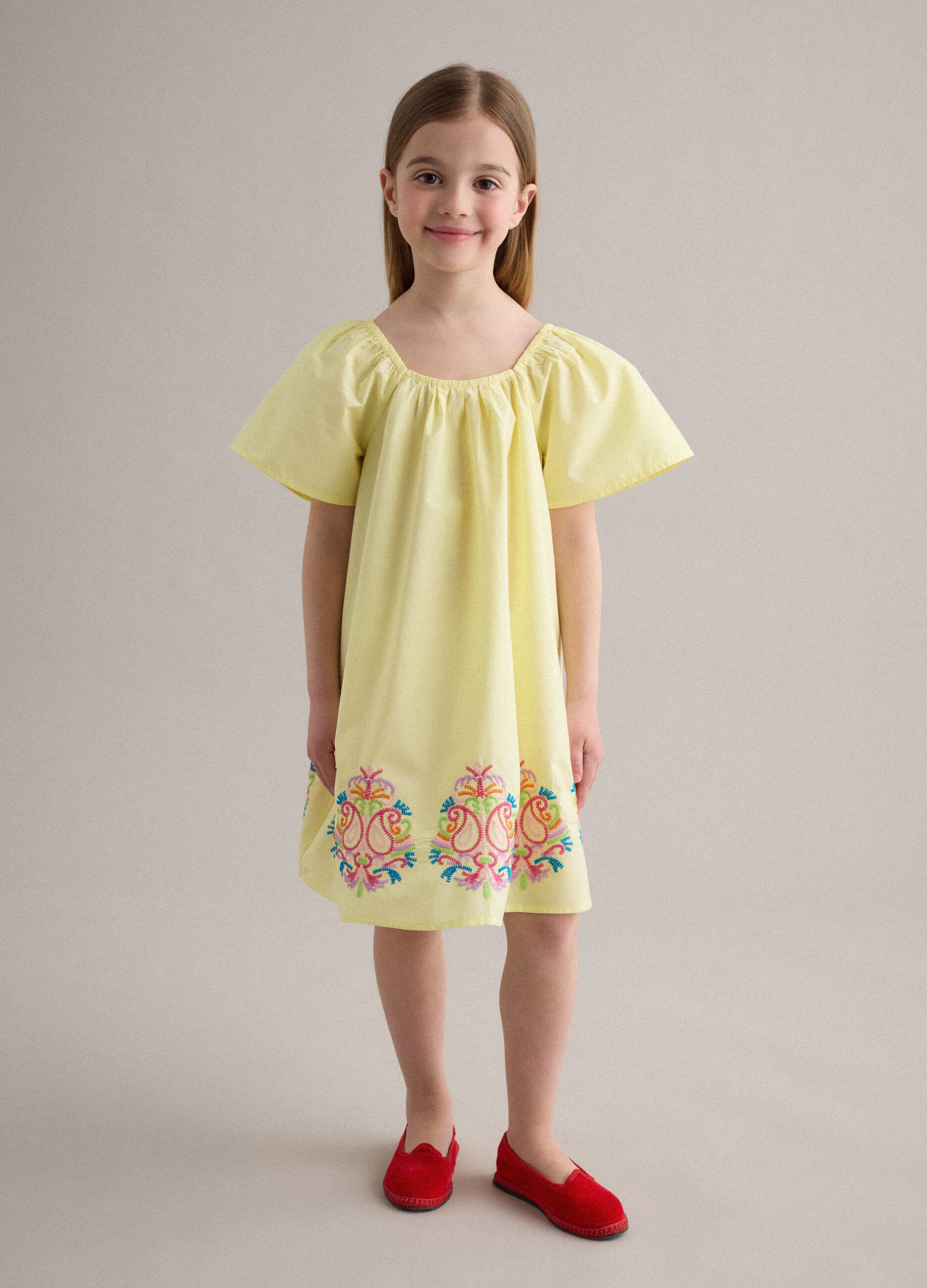 Yellow pure cotton dress with embroidery