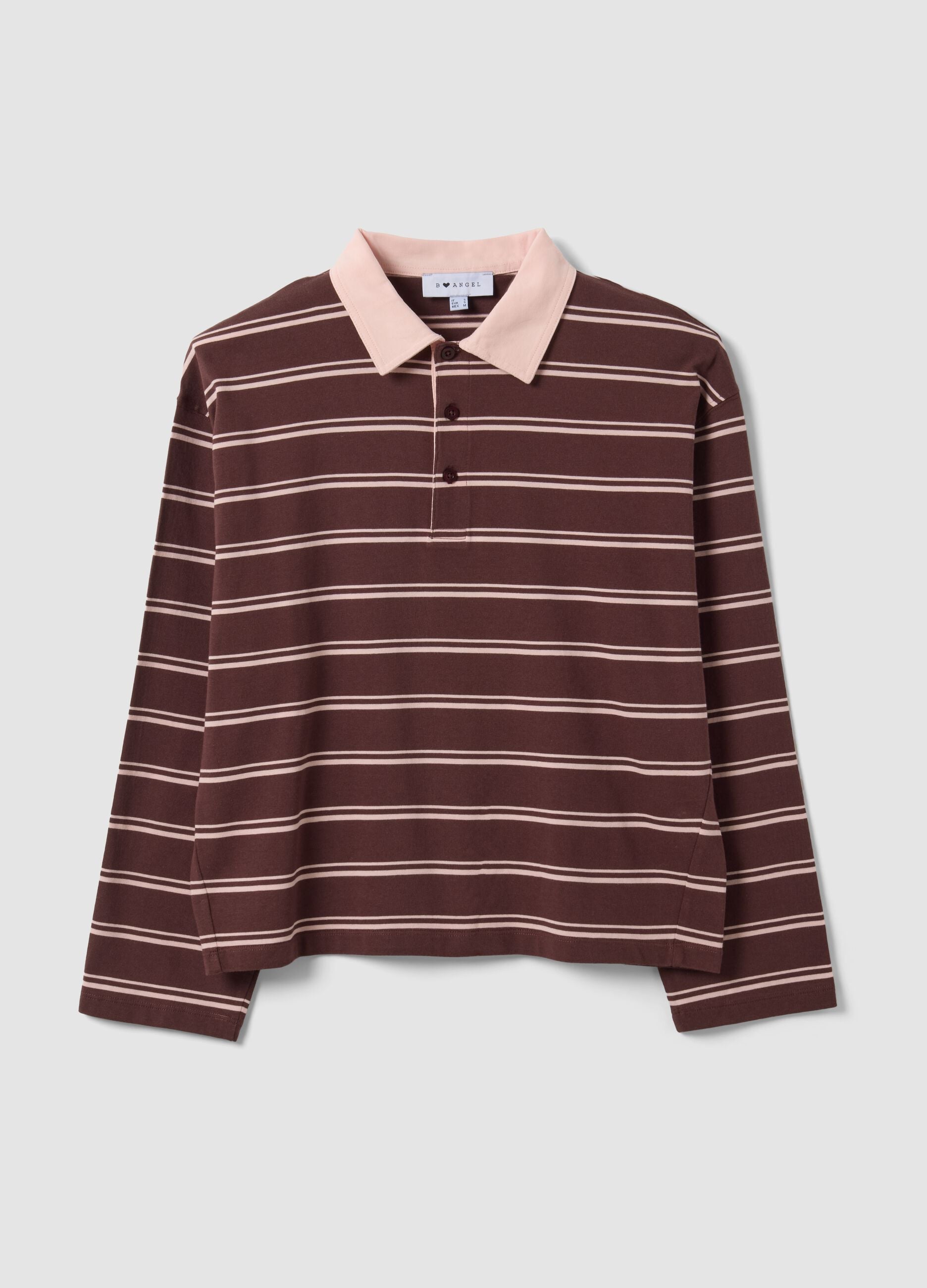 Brown striped long-sleeve pure cotton polo shirt, regular fit