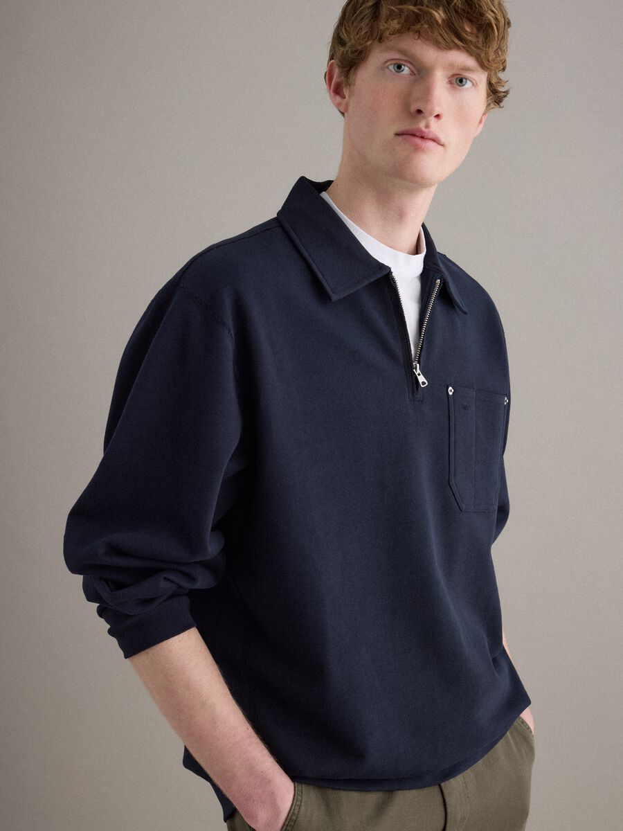 Blue Pure Cotton Regular Fit Sweatshirt with Half Zip and Collar_3