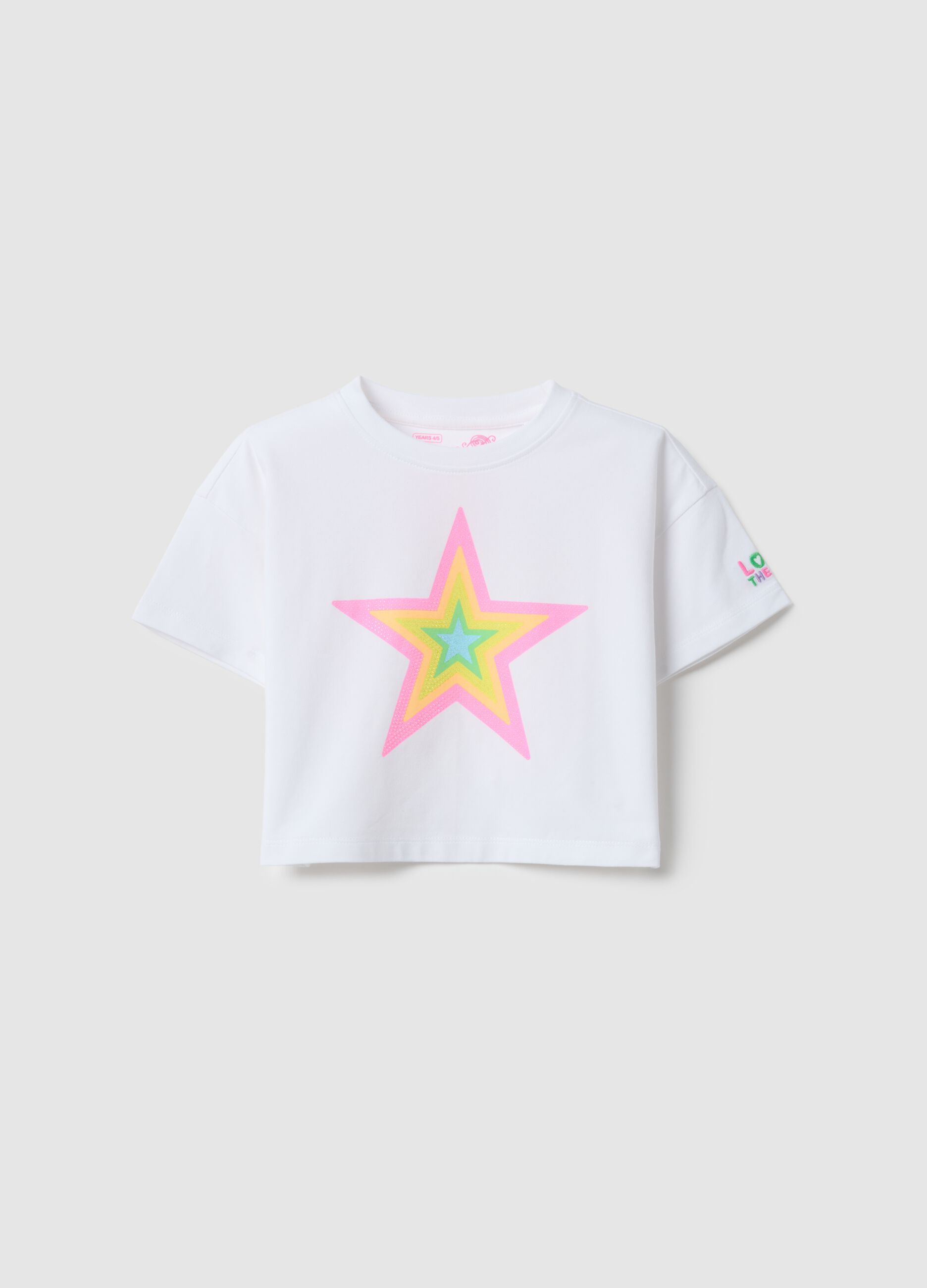 T-shirt branca de algod&atilde;o el&aacute;stico boxy fit para menina com estrela