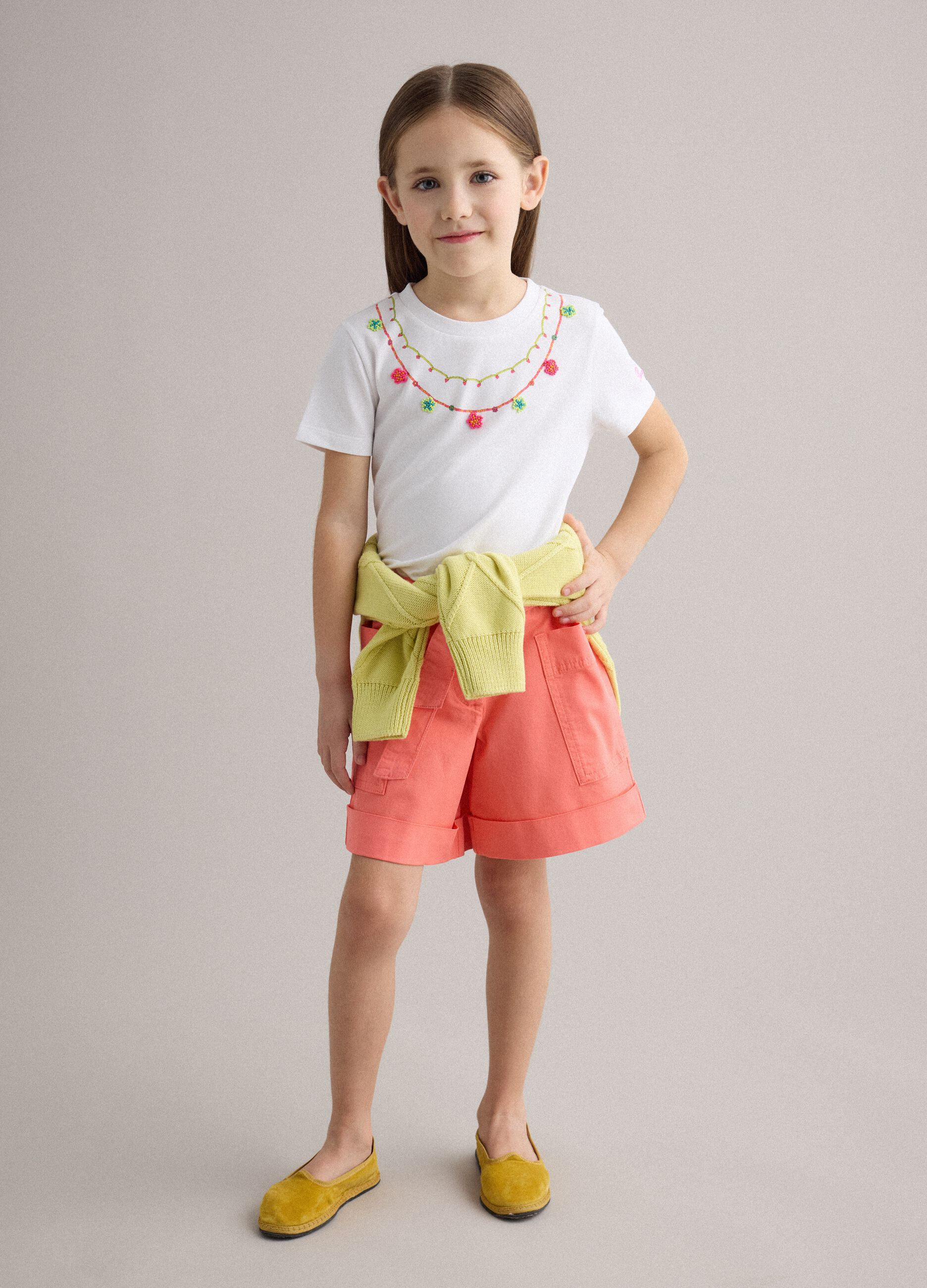 Regular fit pink stretch cotton shorts for girls