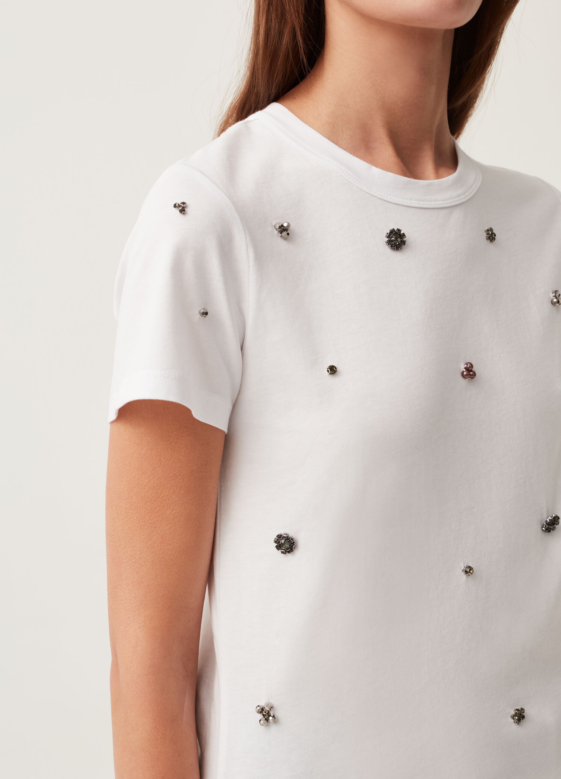 Cotton T-shirt with diamanté motifs