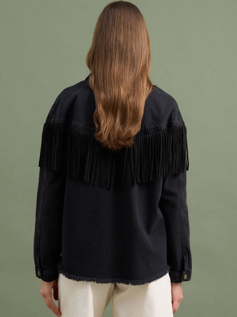 Giacca nera in denim di puro cotone con frange_3