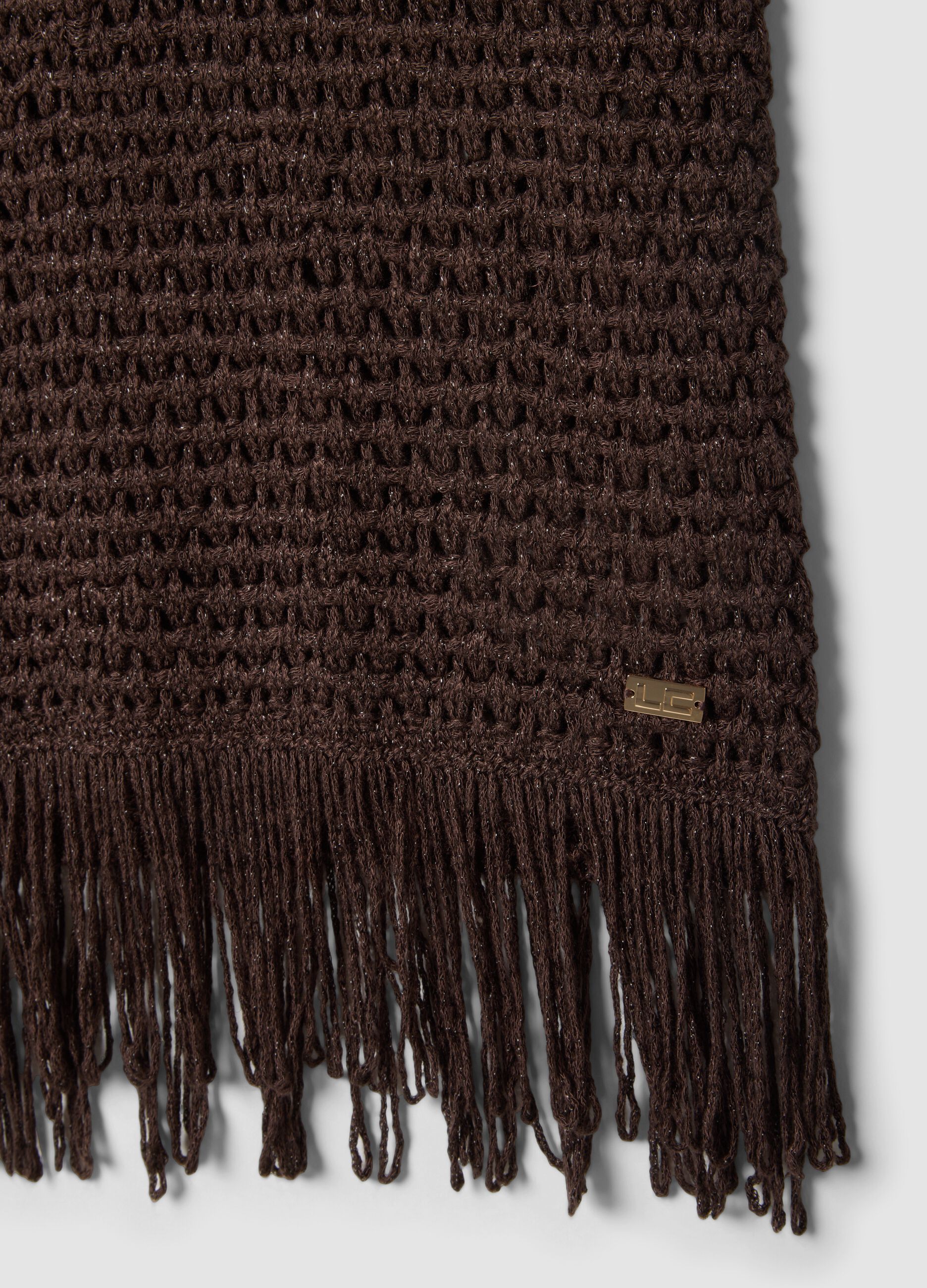 Brown open-knit viscose-blend top with fringes