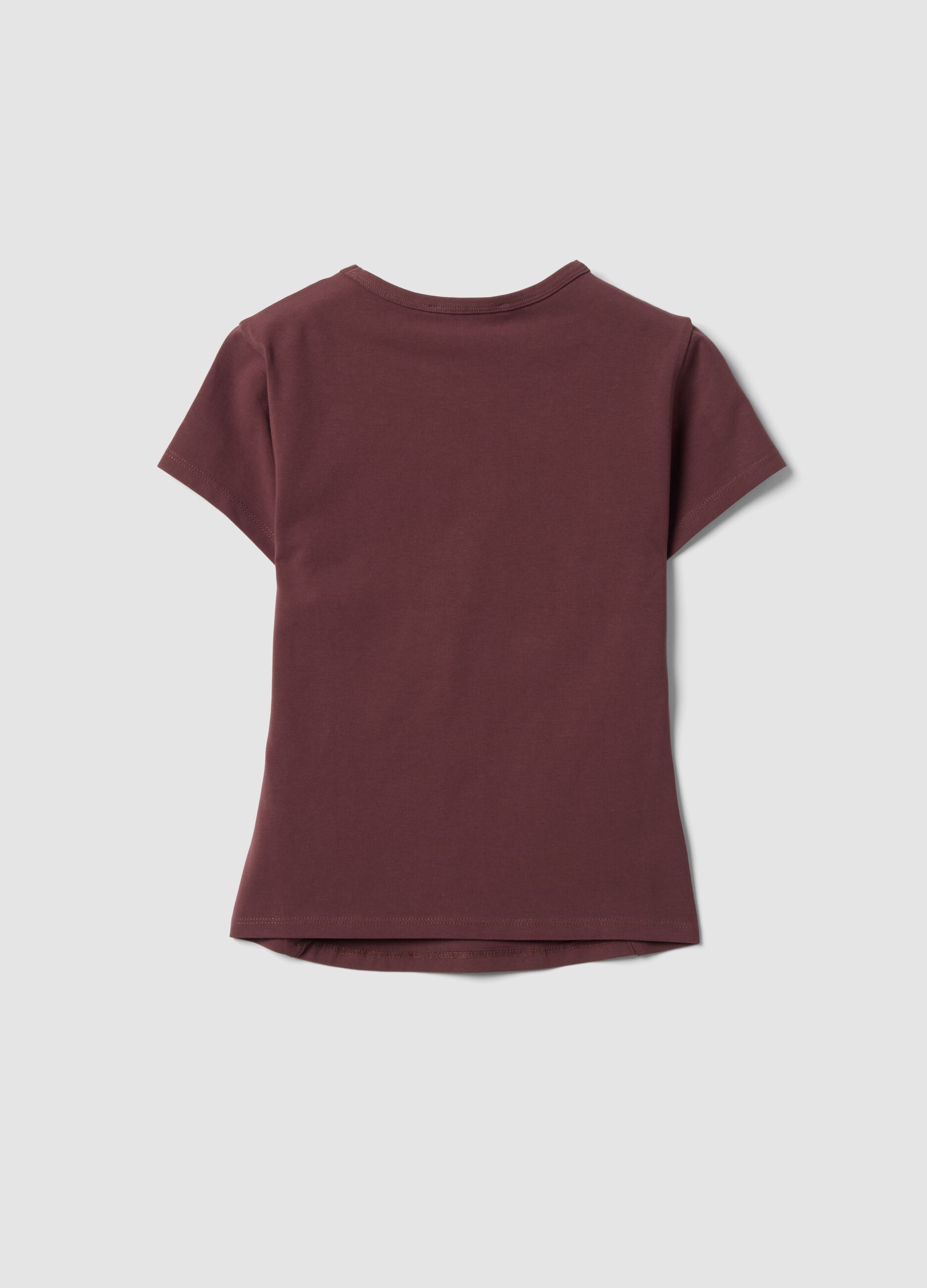 Braunes, figurbetontes T-Shirt aus Stretch-Baumwolle mit Strass-Applikationen