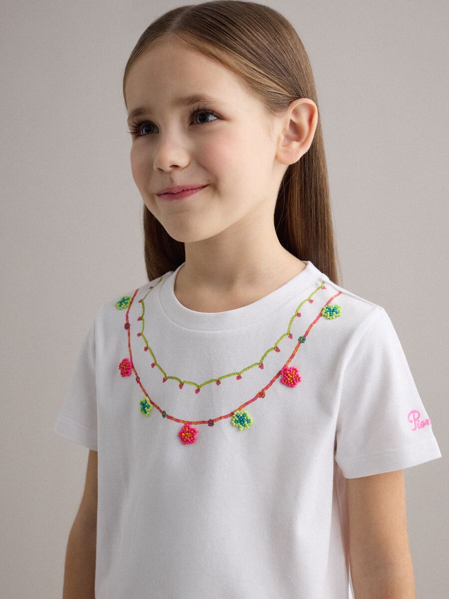 Girls' white stretch cotton t-shirt with beads_0
