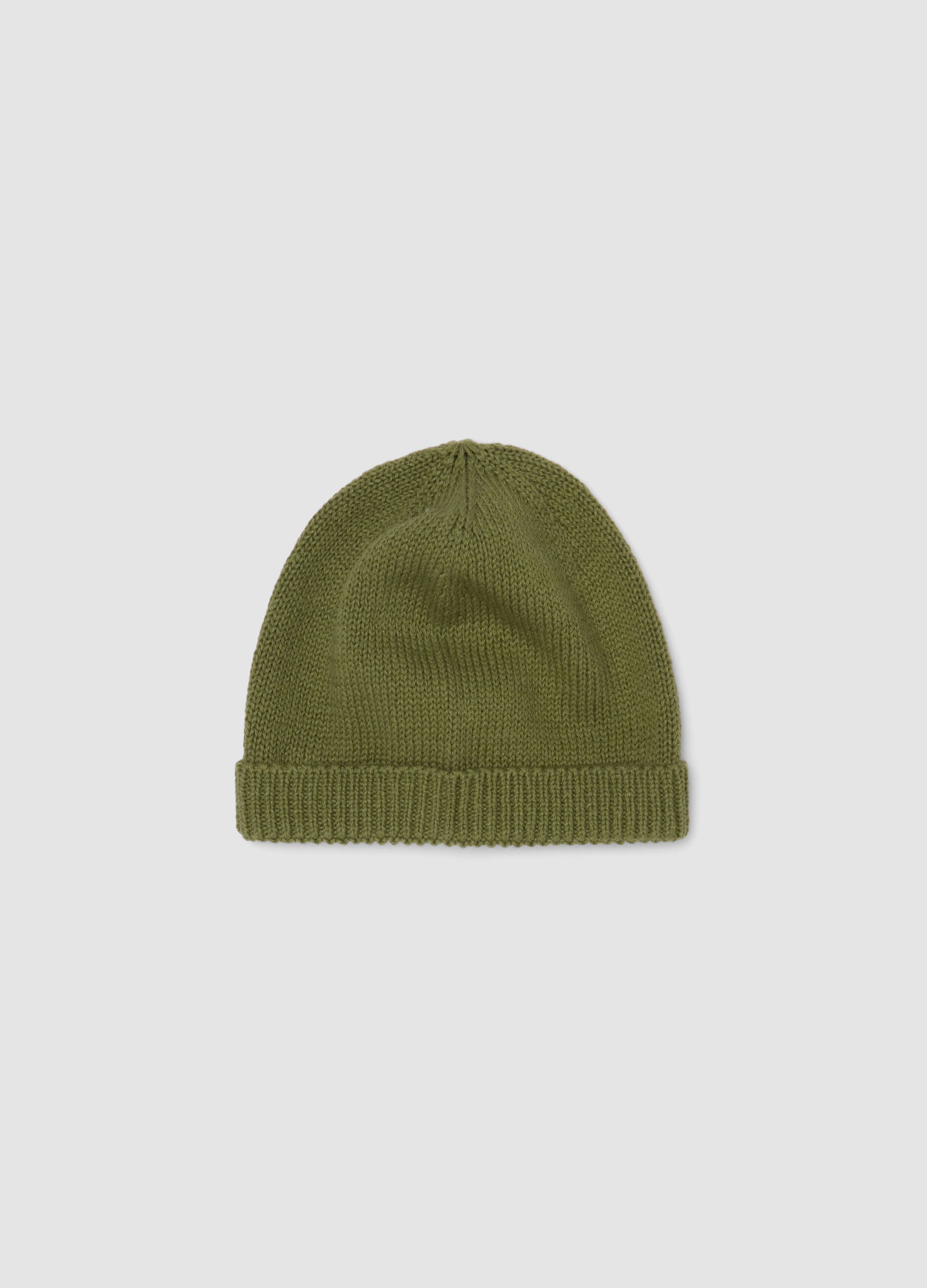 Green pure cotton knitted hat with turn-up brim