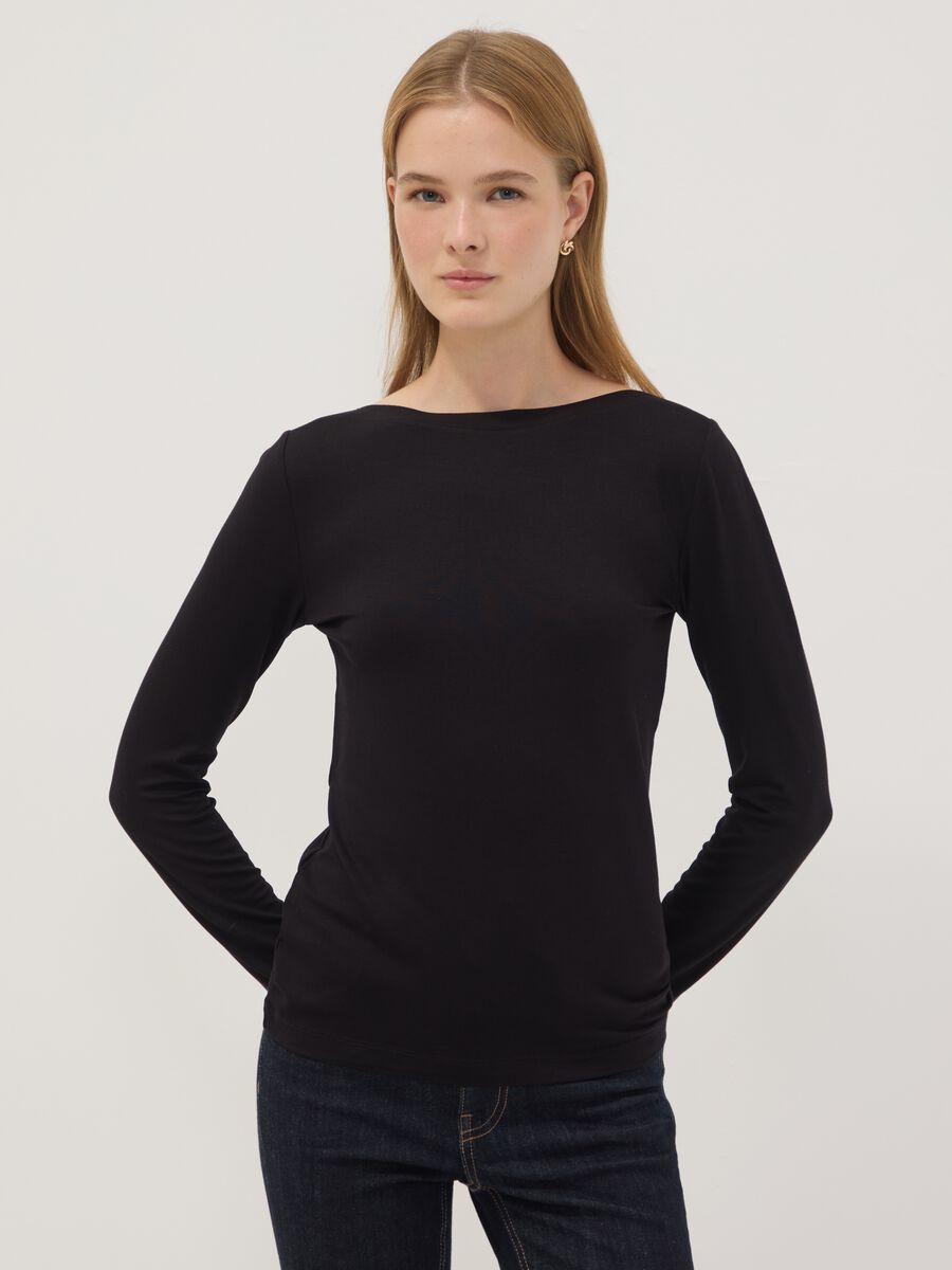 Black stretch viscose long-sleeve T-shirt_1