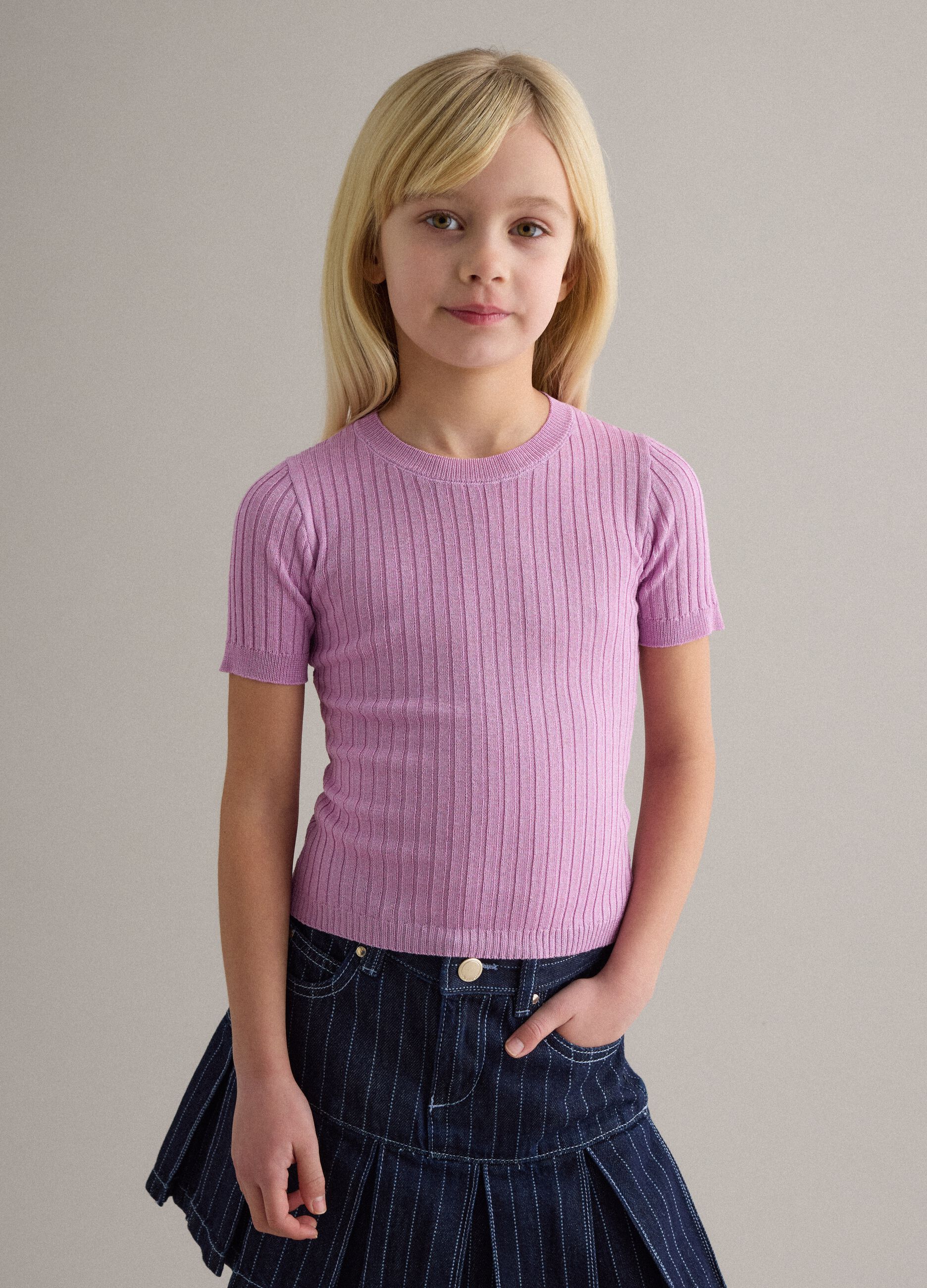 Girls' Regular Fit Purple Ribbed Viscose Blend Jumper