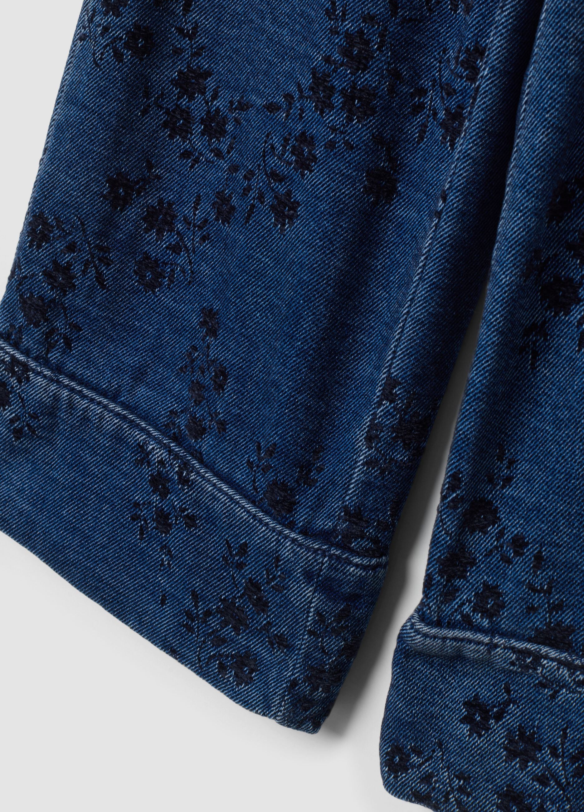 Blue cotton-blend straight-fit jeans with floral print