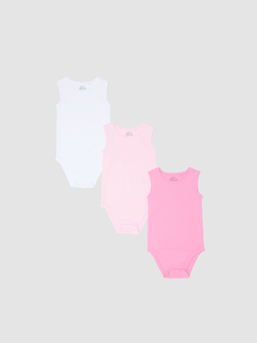 Pack of three sleeveless bodysuits in pure cotton for newborns - multicolour_0