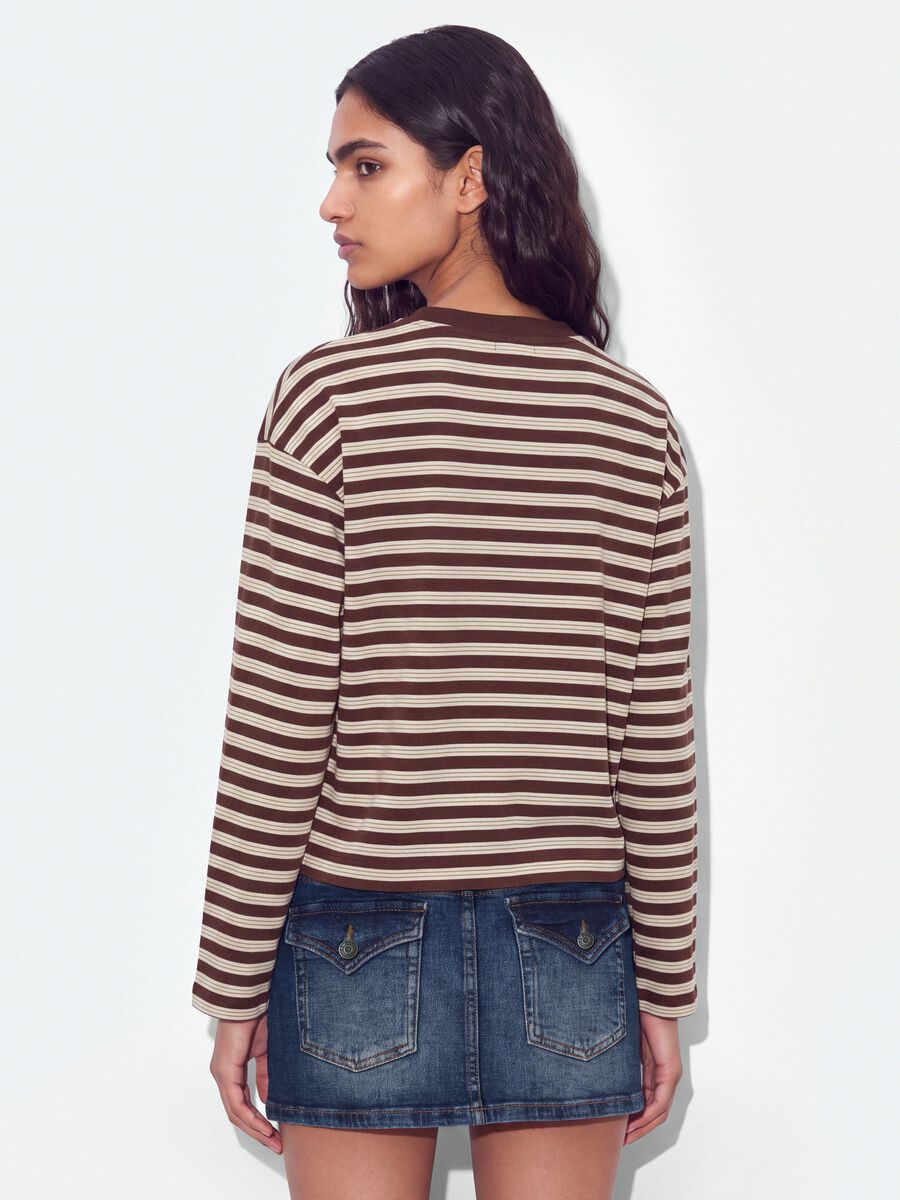 Brown striped pure cotton T-shirt with crew neck, relaxed fit_3