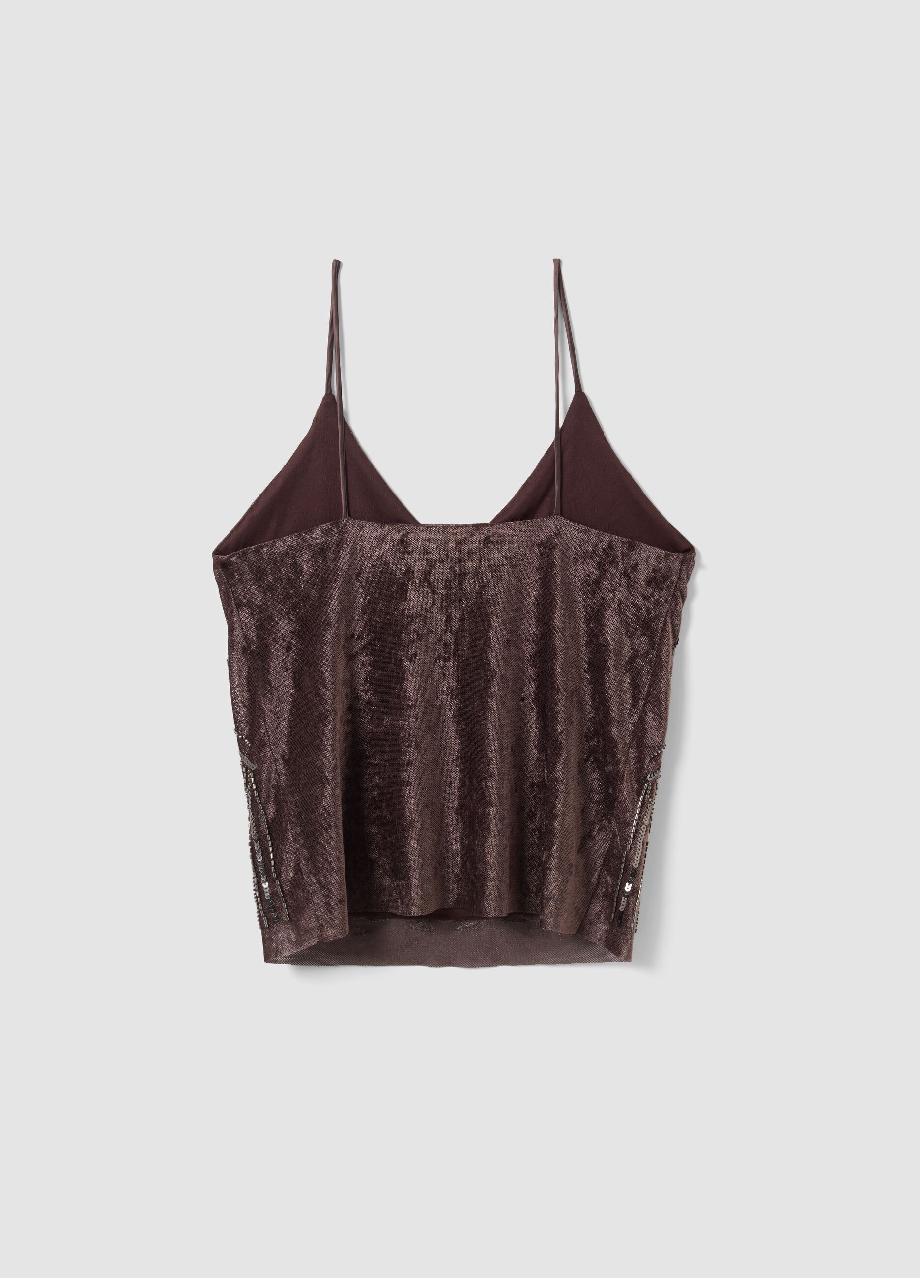 Braunes, figurbetontes Tanktop aus Stretchstoff mit Pailletten