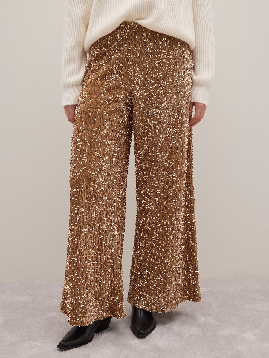Beige Palazzo Trousers with Sequins_1