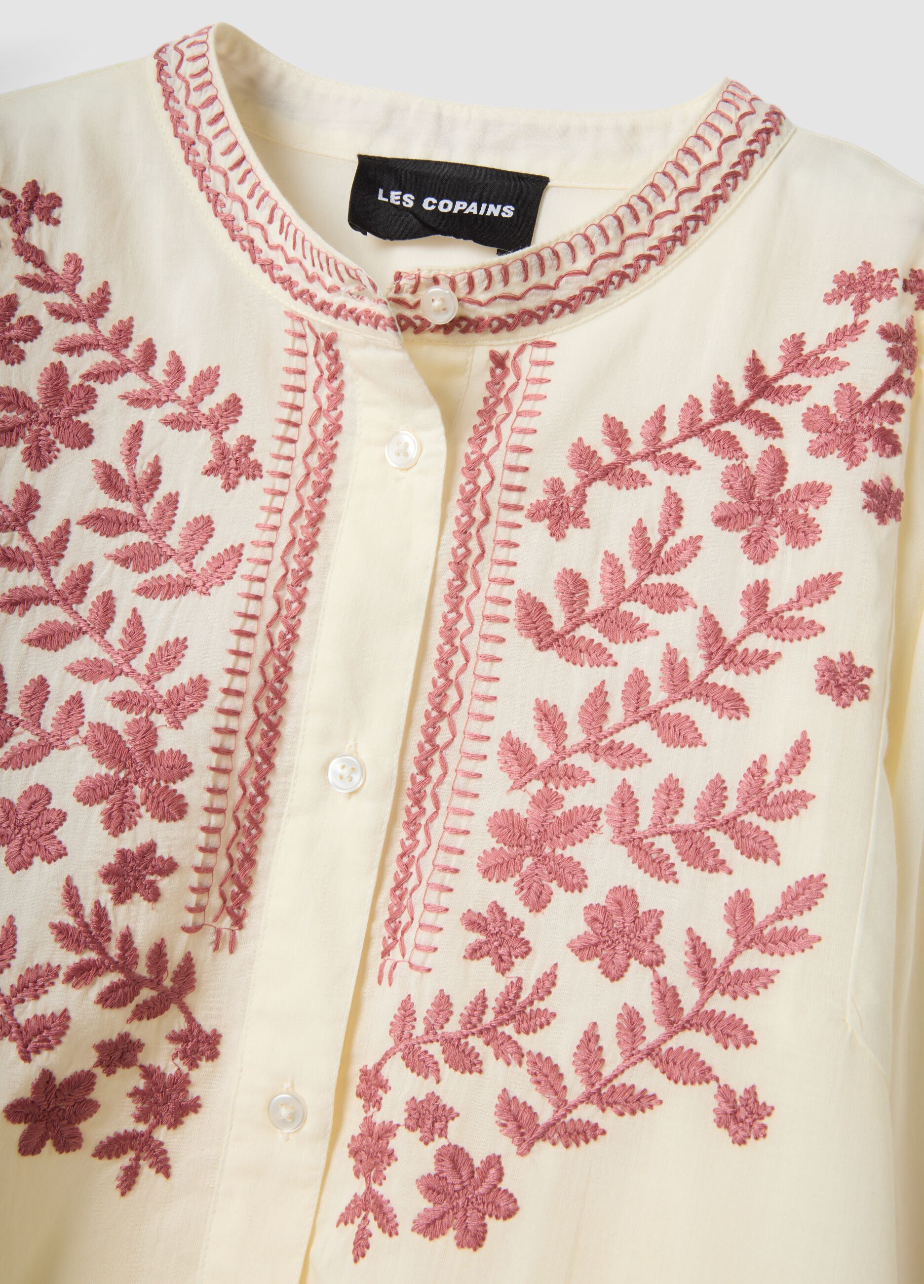 Beige pure cotton shirt with floral embroidery