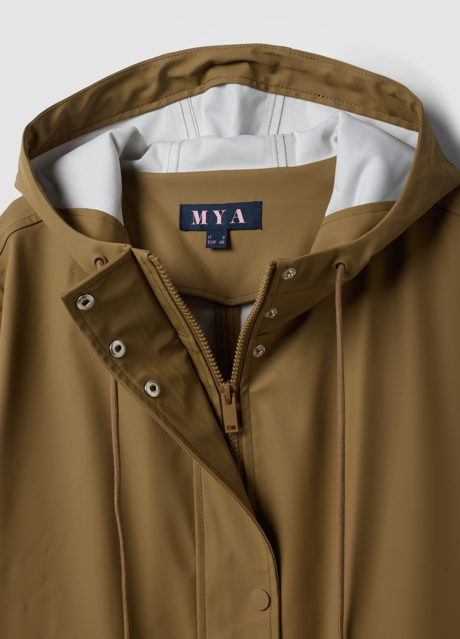 Brown rain jacket with hood, zip and snap buttons, regular fit