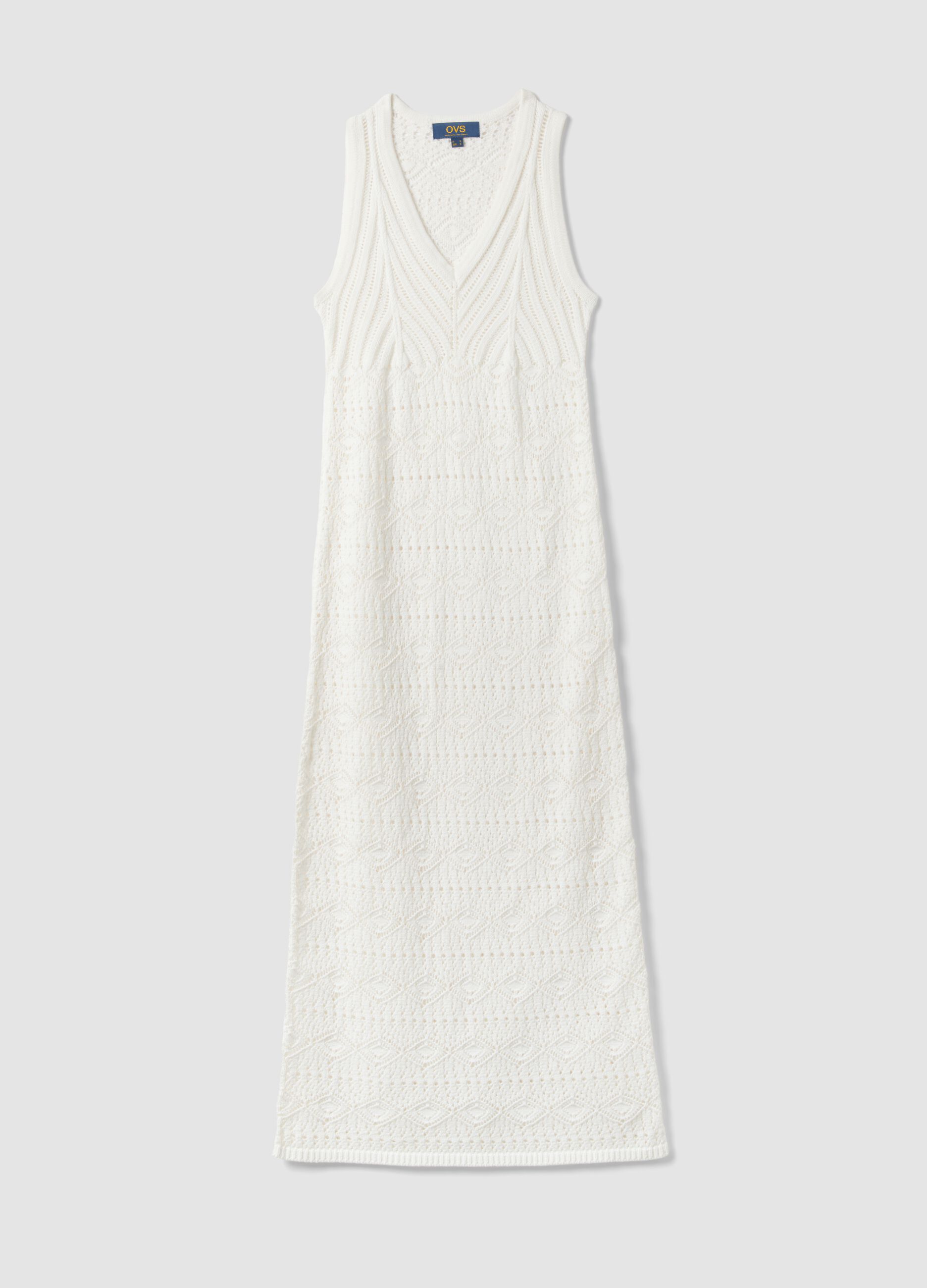 Wei&szlig;es Slim-Fit-Kleid aus reiner Baumwolle mit Lochmuster und tiefem V-Ausschnitt