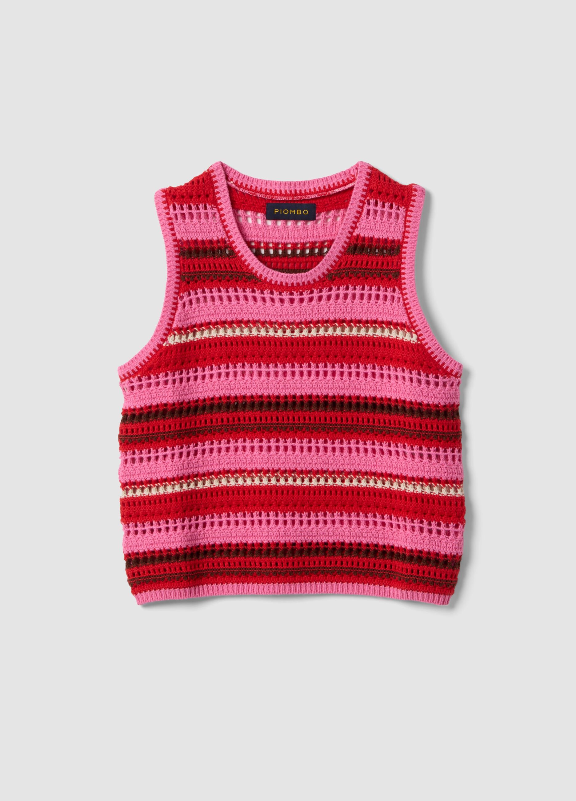 Multicolour striped pure cotton knitted vest, regular fit
